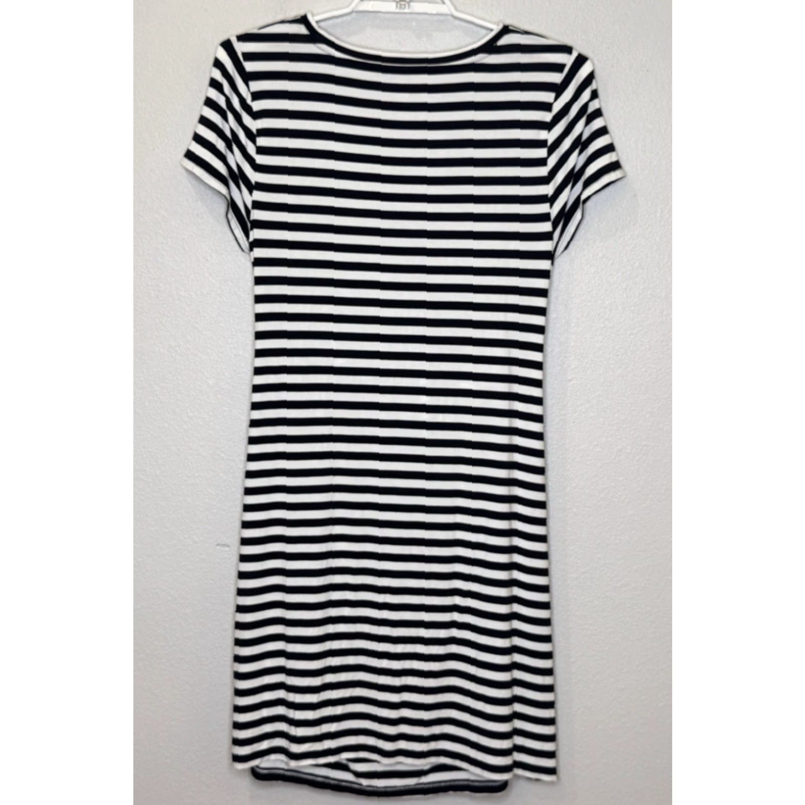 Loft VINTAGE LOFT Beach Knot Front Cutout Dress Size Large Black Stripe Short Sleeve Stretch Size 36" / US 14 / IT 50 - 5 Thumbnail