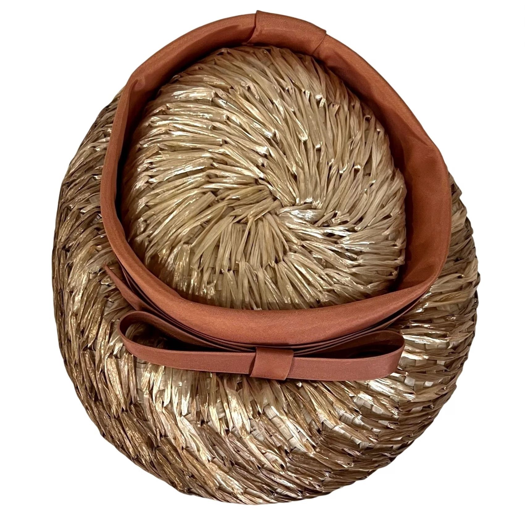 Vintage VINTAGE 50s Women’s Straw Pillbox Hat Fascinator Tan Satin Ribbon Hat One Size Women Size ONE SIZE - 6 Thumbnail