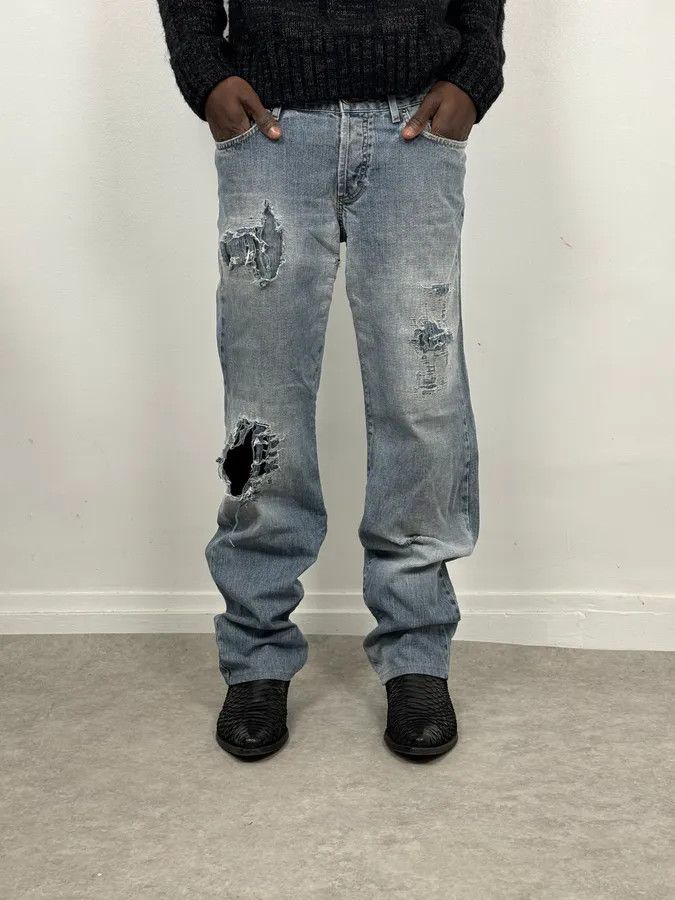 Just Cavalli 2000s Cavalli Distressed Light Blue Denim Jeans Size US 30 / EU 46 - 2 Thumbnail