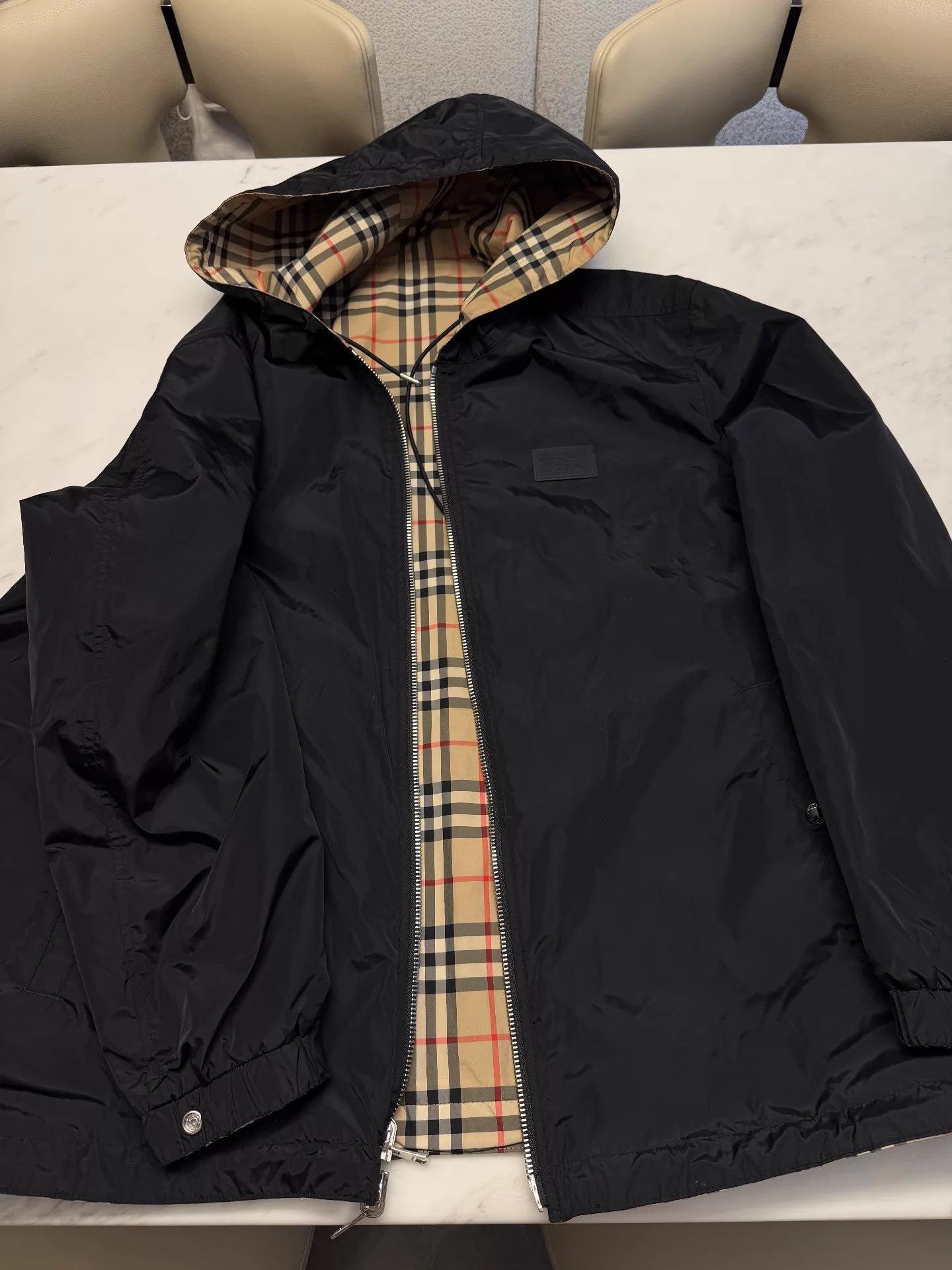Black Hooded Light Jacket with Plaid Lining - XL