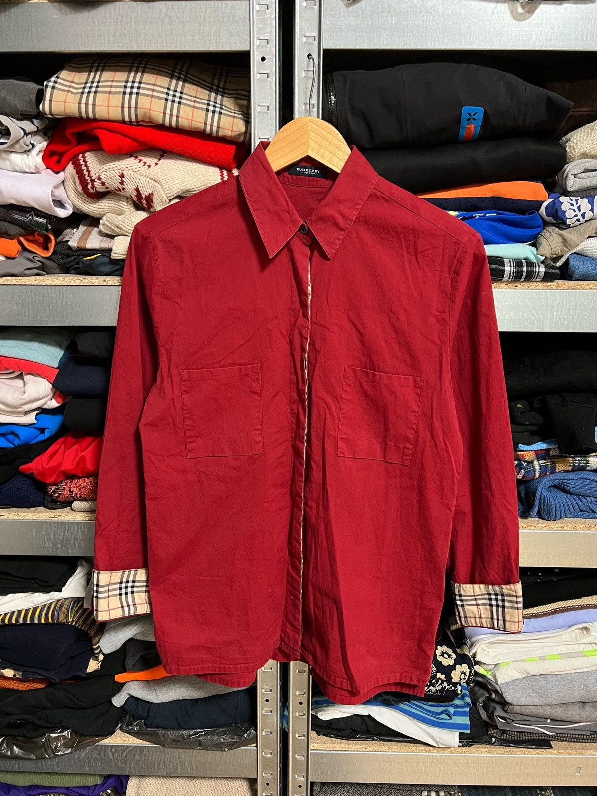 Burberry × Vintage Burberry Button Up Cotton Shirt Long Sleeve Red Size 44 Size M / US 6-8 / IT 42-44 - 1 Thumbnail