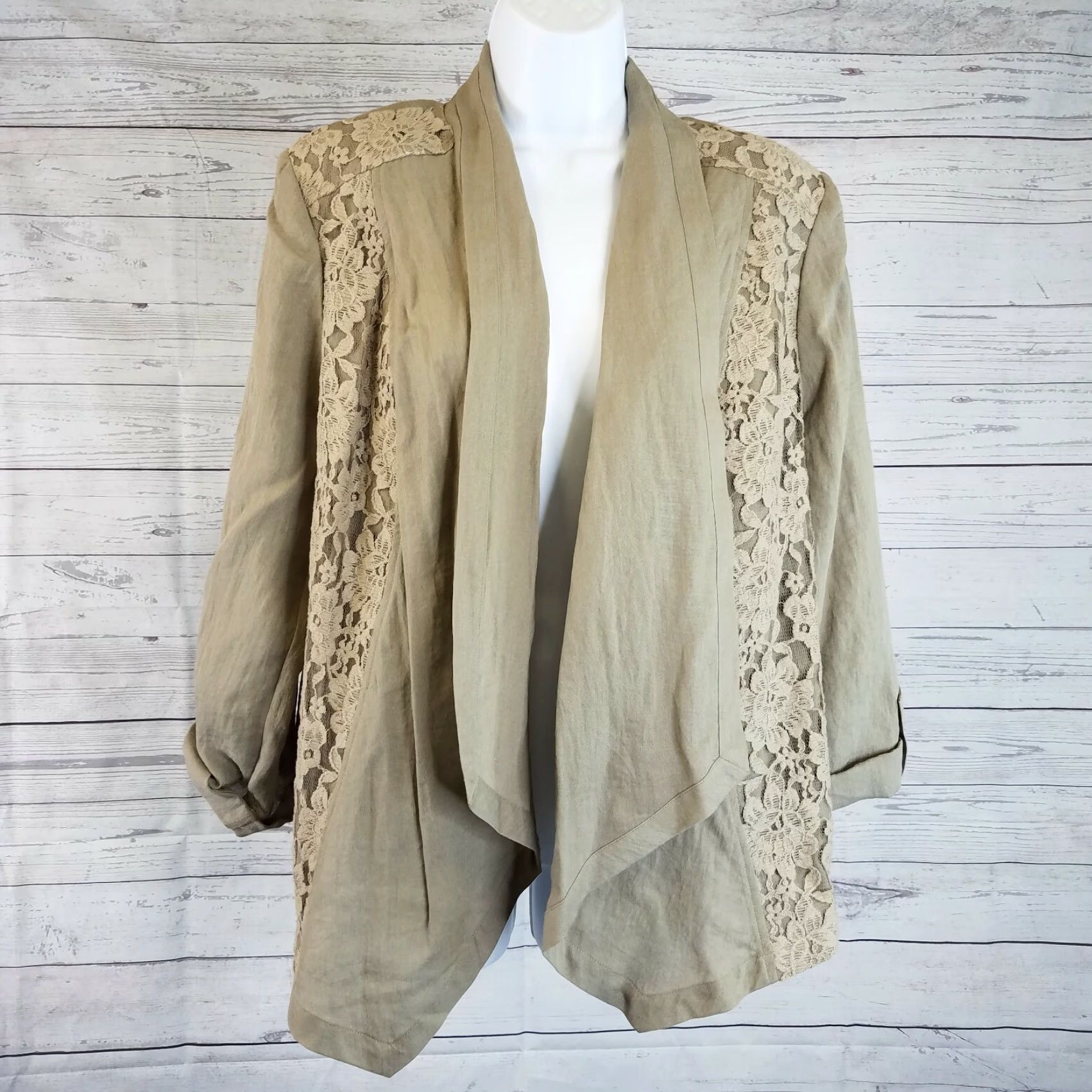 Vintage Chicos Womens Jacket Open Front Sz L Brown Rayon Blend Lace Panels Tabbed Sleeves - Casual Vintage? No—but no vintage tag. Size L / US 10 / IT 46 - 2 Thumbnail