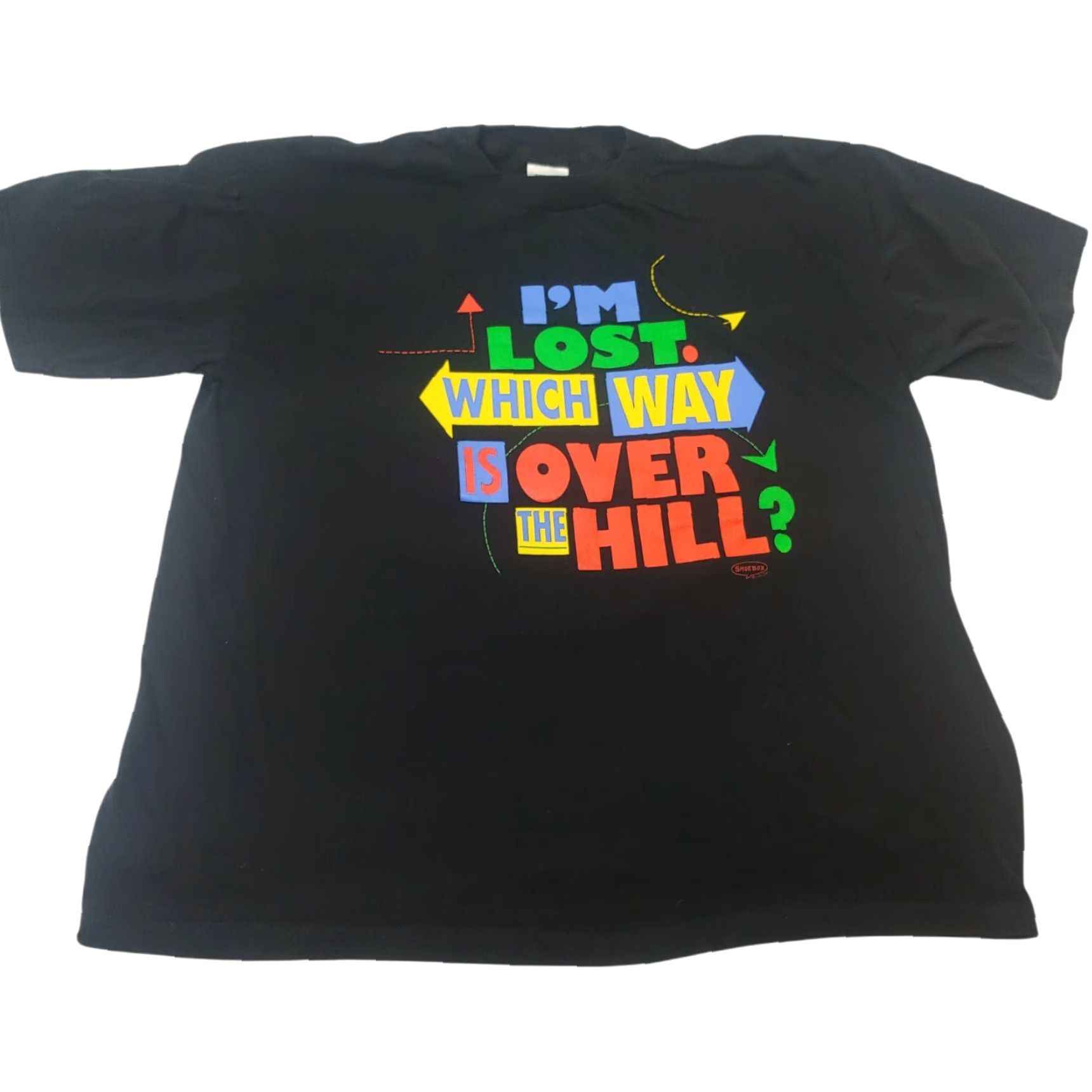 Vintage VINTAGE Which Way Is Over The Hill Shirt XL Black Cotton Knit Short Sleeve Birthday Funny Hallmark 90s Silver Mountain Sportswear Mens T-Shirt Size US XL / EU 56 / 4 - 2 Thumbnail