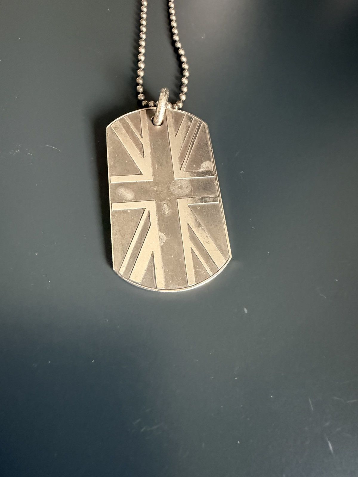 Chrome Hearts silver Union Jack dog tag and chain.