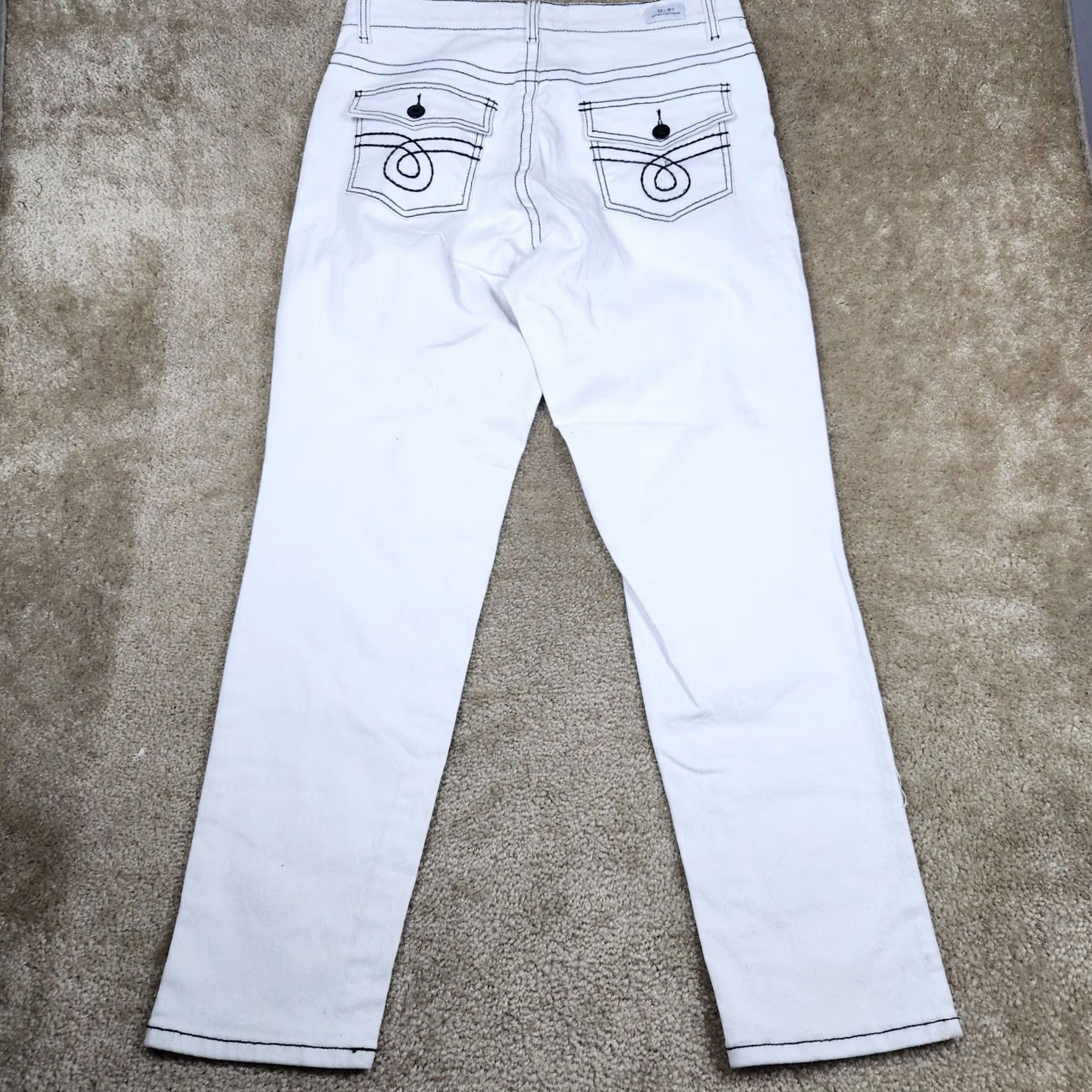 Denime U-51 Denim Jeans White Deluxe Size 16 Thick Stitch Black Belt Loops Zip Accents Button Logo Regular Fit Womens Size 38" / US 16 / IT 52 - 5 Thumbnail