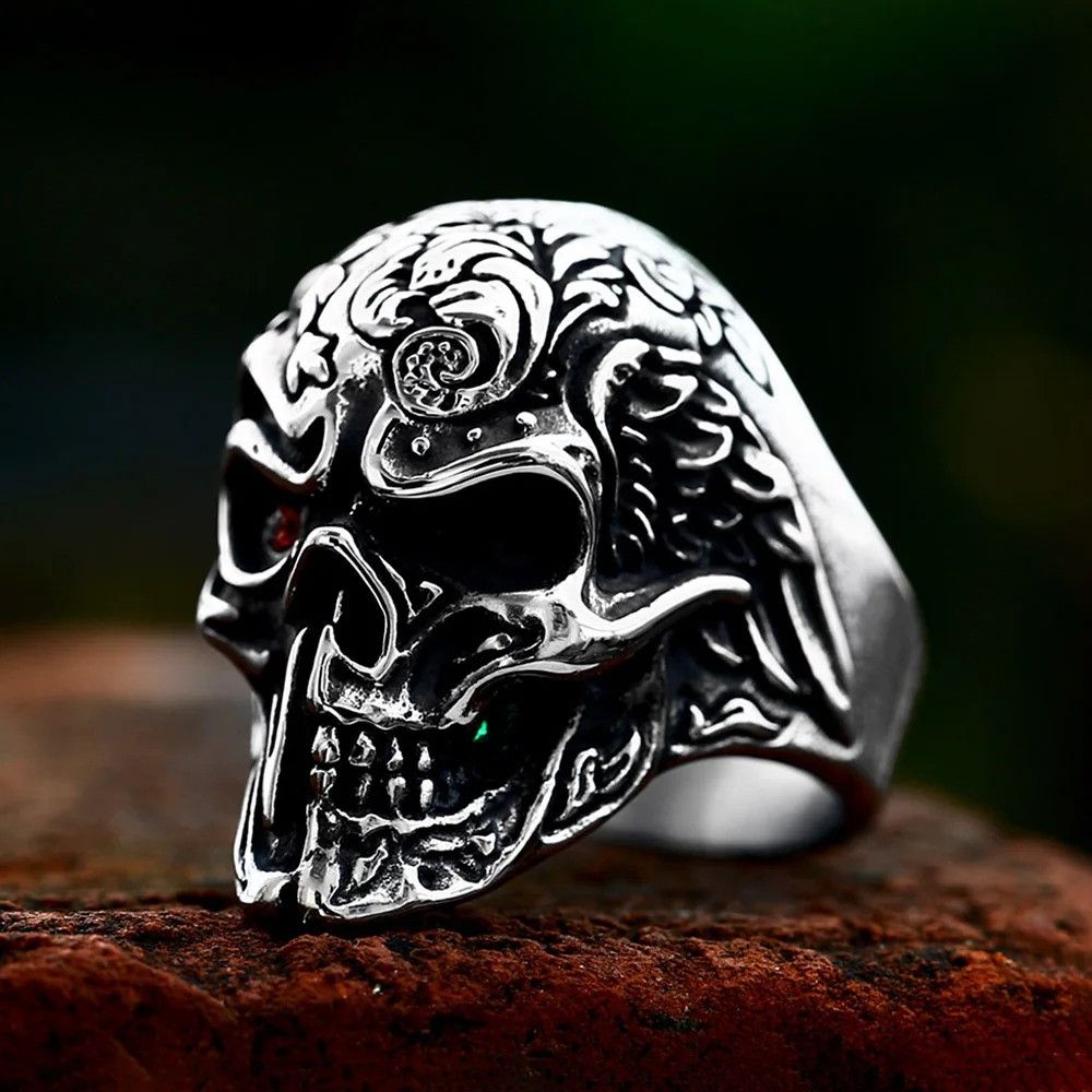 Vintage 316L Stainless Steel Skull Ring With Red Stone Size ONE SIZE - 4 Thumbnail