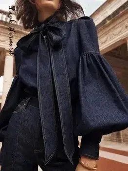 image of Vintage Denim Shirt Women Stand Collar Single-Breasted Female in Blue Jean (Size Medium)
