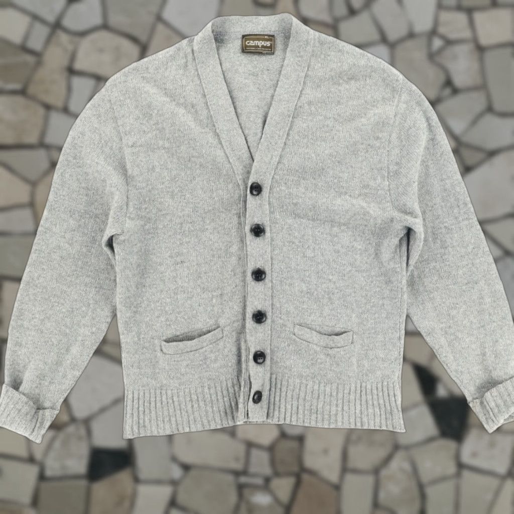 Vintage VTG Campus 1960s Cardigan Gray Wool V-Neck Sweatshirt Men L Shirt Size US L / EU 52-54 / 3 - 1 Thumbnail