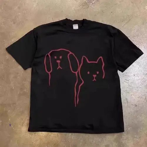 Vintage Black Loose Cat and Dog Printed Short Sleeve T-Shirt Size US L / EU 52-54 / 3 - 1 Thumbnail