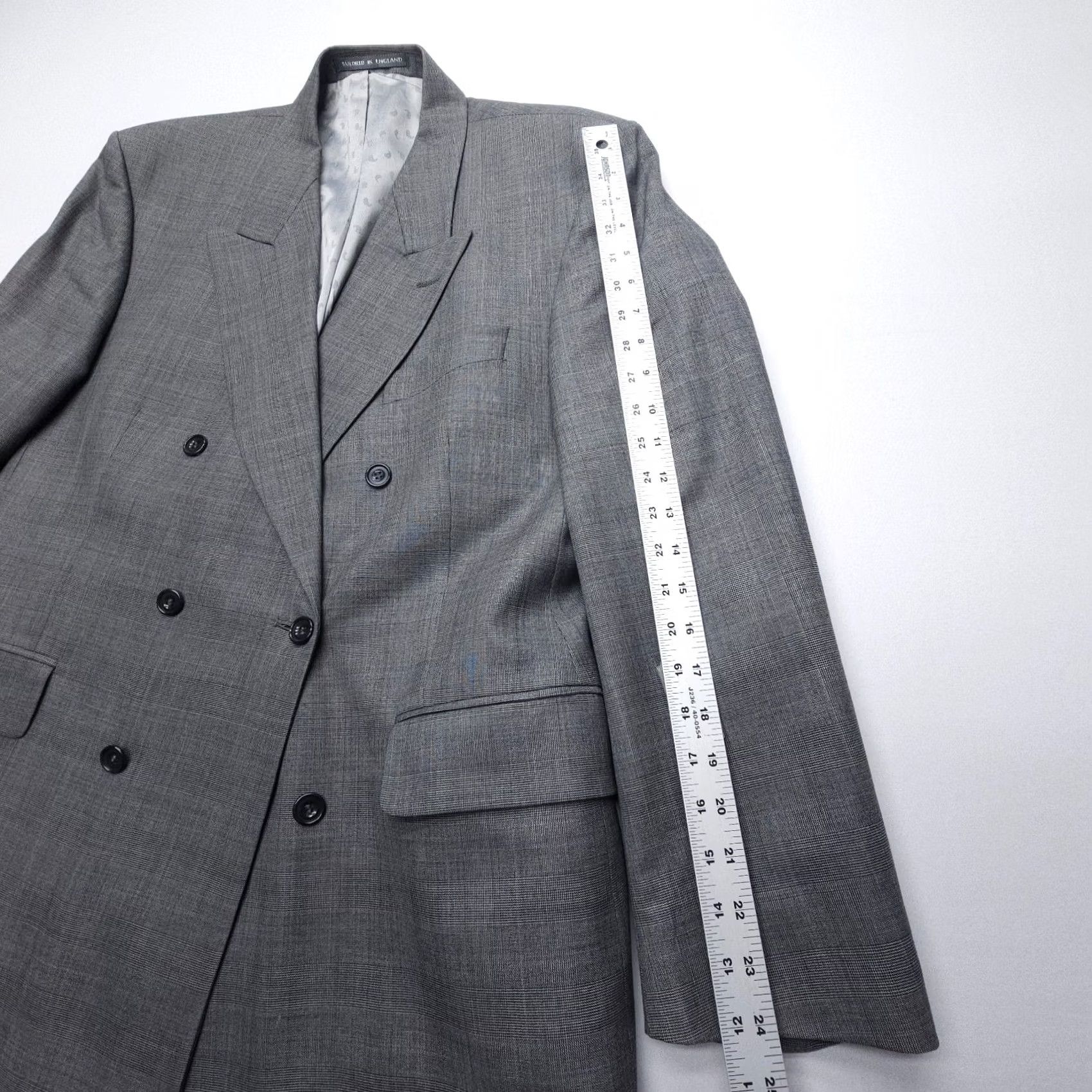 Doublet VINTAGE Savile Row Double-Breasted Wool Blazer Mens 44 Gray England Jacket Coat Check Wool Blazer Men 44" Chest Classic Notch Lapel Four-Button Size 44R - 6 Thumbnail
