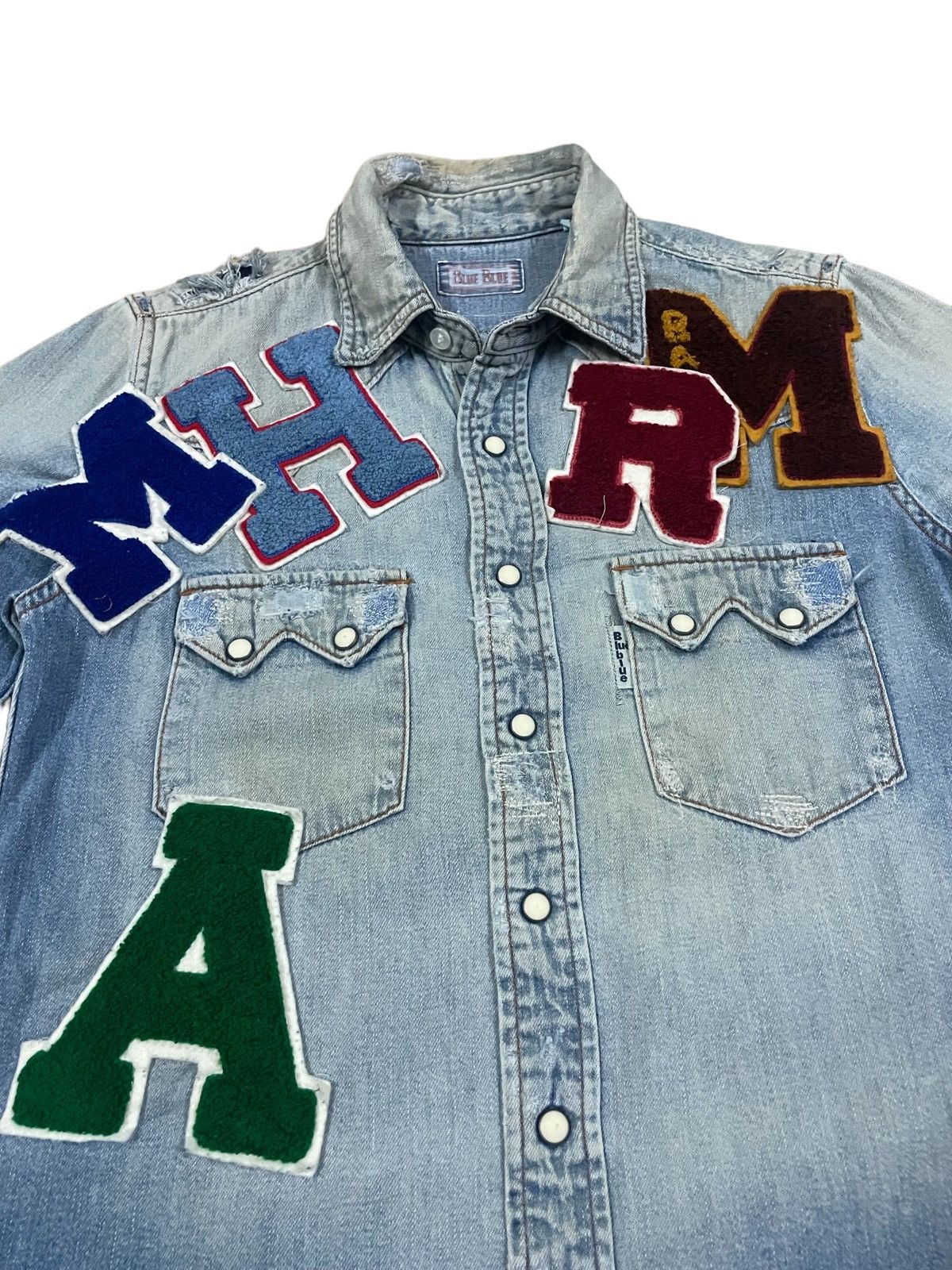 Blue Blue Japan BlueBlue Japan Crazy Indigo Wash Letterman Patch Denim Shirt Size US S / EU 44-46 / 1 - 5 Thumbnail