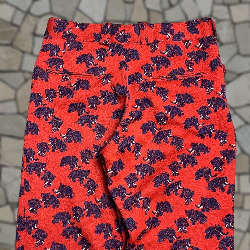 VINTAGE Majer Slacks Elephant Print Pants 30x31 Majerknit Flat Front Straight Leg Nylon Red 1980s Mens Women?