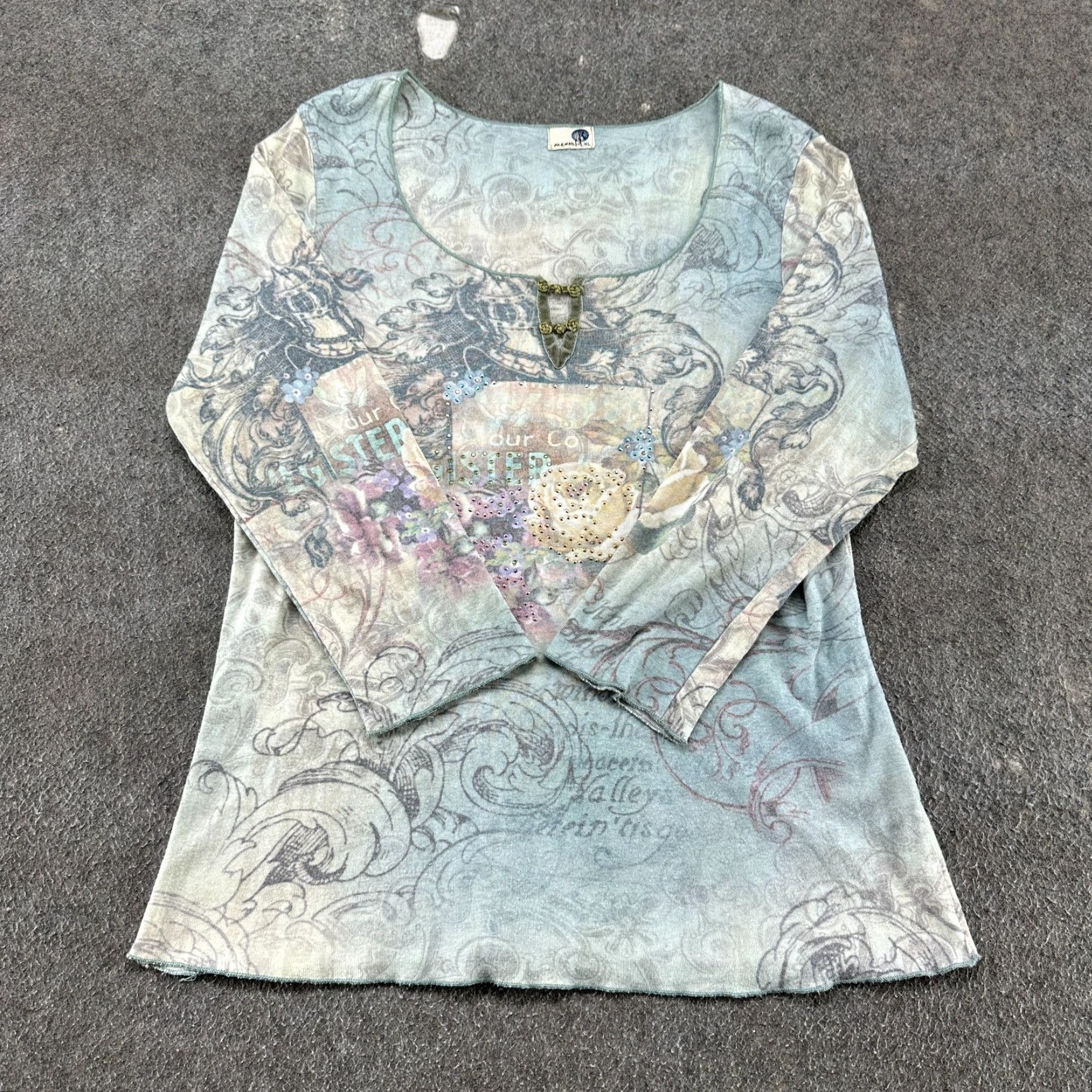 Vintage VINTAGE OneWorld Shirt Womens XL Blue Scoop Rhinestone Floral Boho AOP USA Y2K Butterfly Floral Theme Casual Size XL / US 12-14 / IT 48-50 - 2 Thumbnail