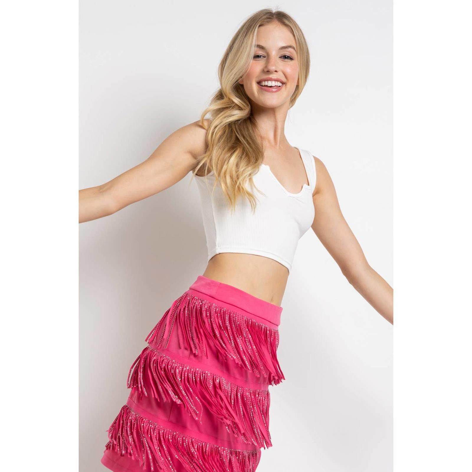 Other Rhinestone Suede Fringe Skirt (Fushia) Size 28" / US 6 / IT 42 - 8 Thumbnail