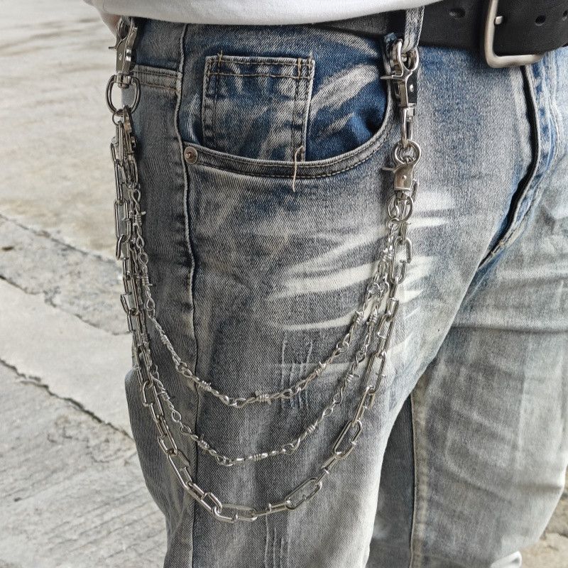 Jewelry Triple-Layer Rivet Punk Pants Chain Silver Tone in Grey, Men's
