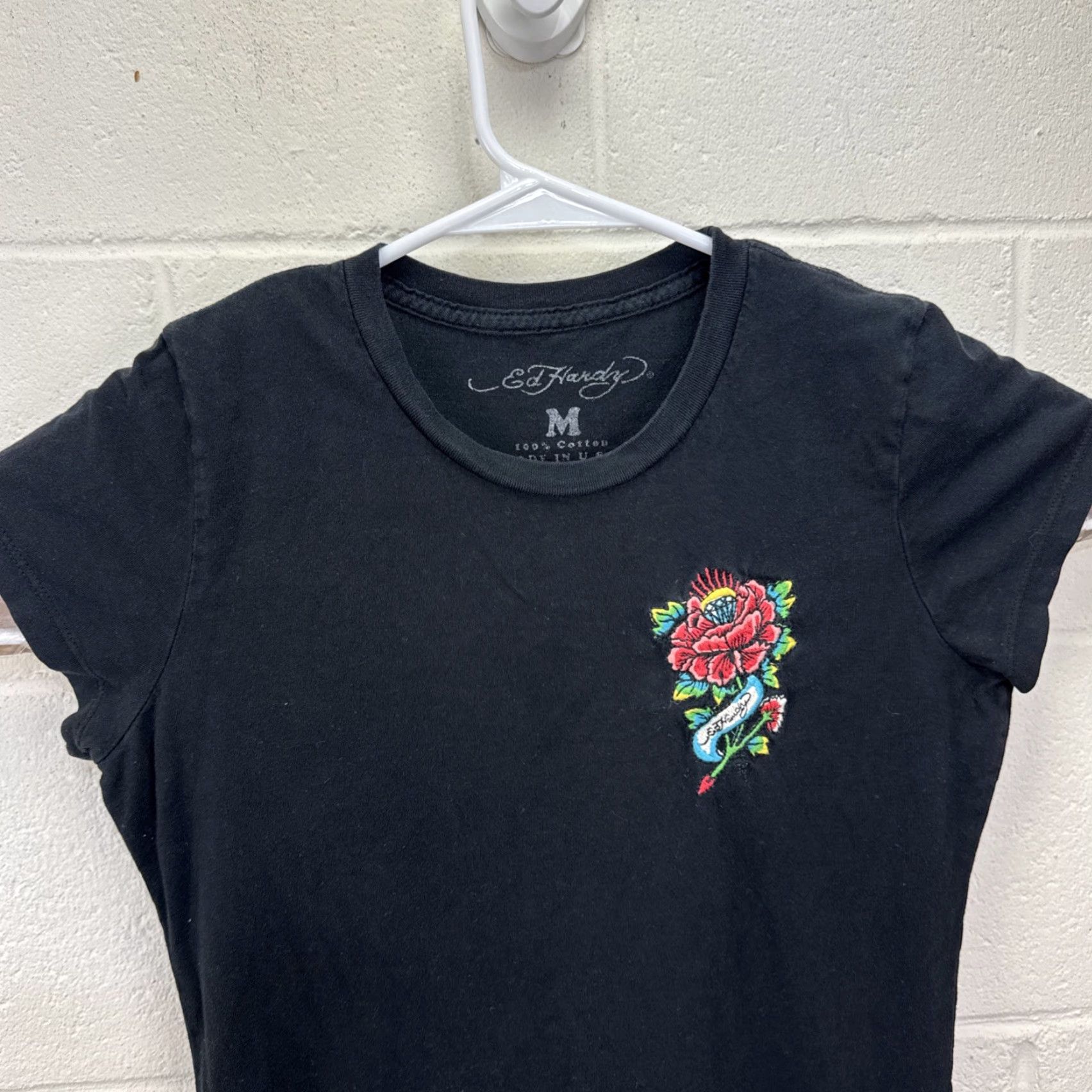 Ed Hardy ED HARDY WOMEN T-SHIRT Black Embroidered Flower Slim Fit Graphic Tee Short Sleeve Crew Neck M Size M / US 6-8 / IT 42-44 - 3 Thumbnail