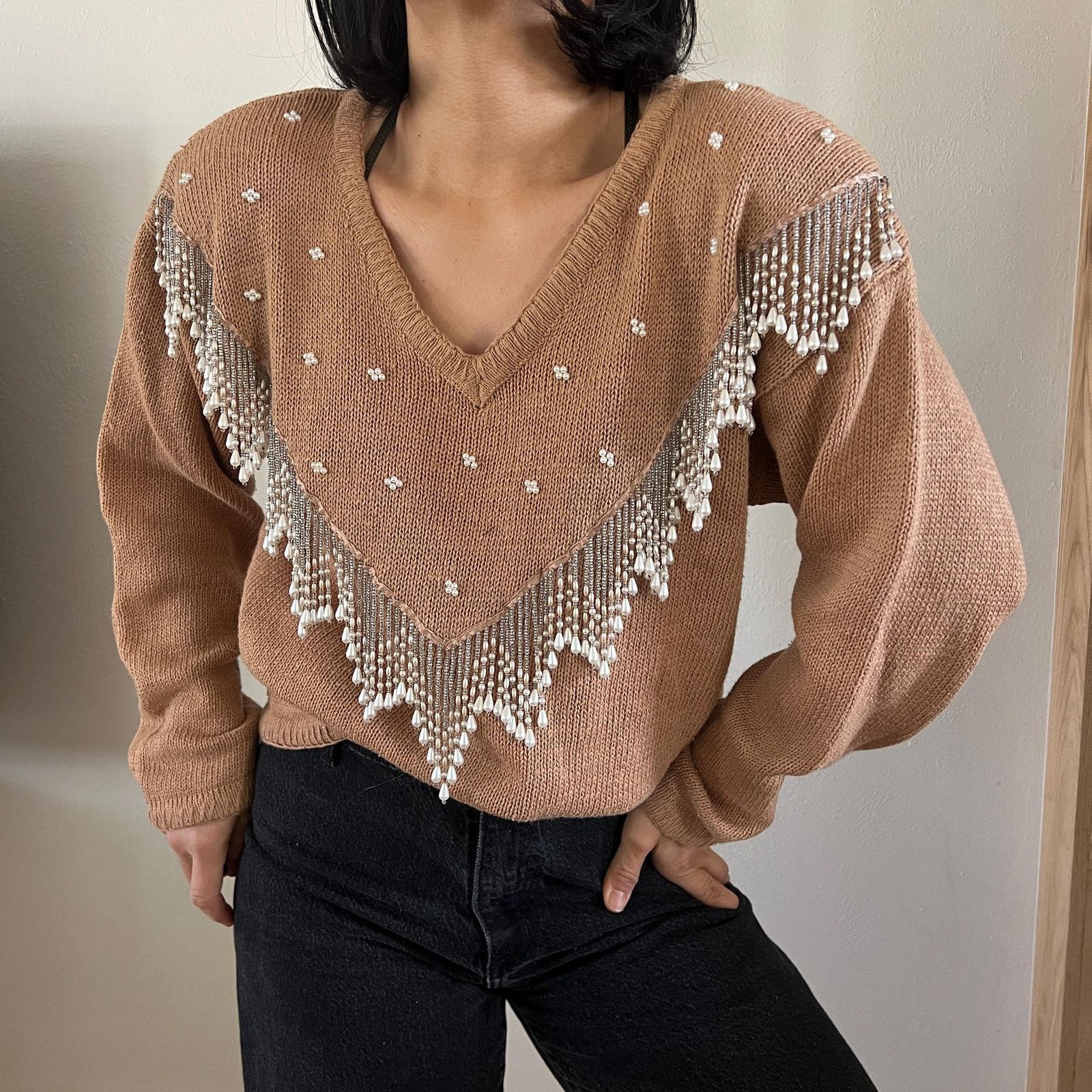 Vtg 80s beaded caramel knit pullover sweater cotton Medium