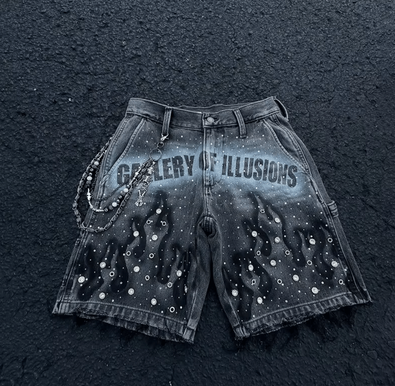 Distressed Jeans Retro Rhinestone Flame