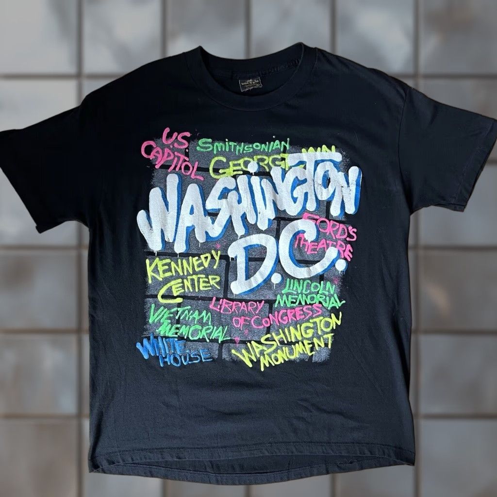 Vintage VINTAGE Washington DC Shirt L Black 80s DMV Spray Paint Graffiti Memorial Men Short Sleeve Crew Neck 80s 90s USA Aerosmith Logo Graphic Print Size US L / EU 52-54 / 3 - 1 Thumbnail