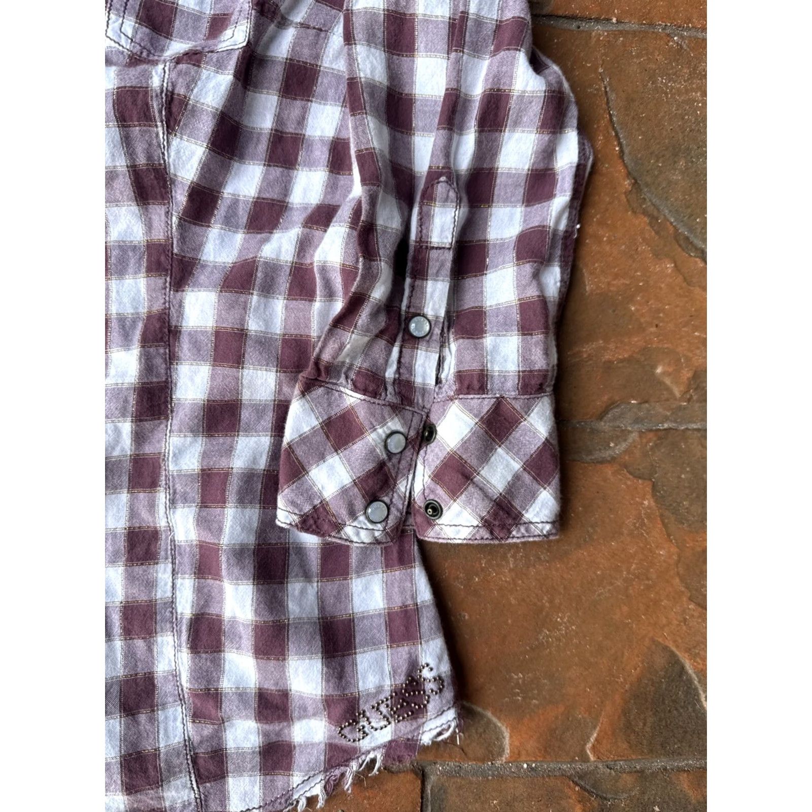 Guess GUESS Jeans Plaid Western Pearl Snap Long Sleeve Shirt Women's M Distressed Casual, Button-Up, 100% Cotton, Multicolor Size M / US 6-8 / IT 42-44 - 5 Thumbnail