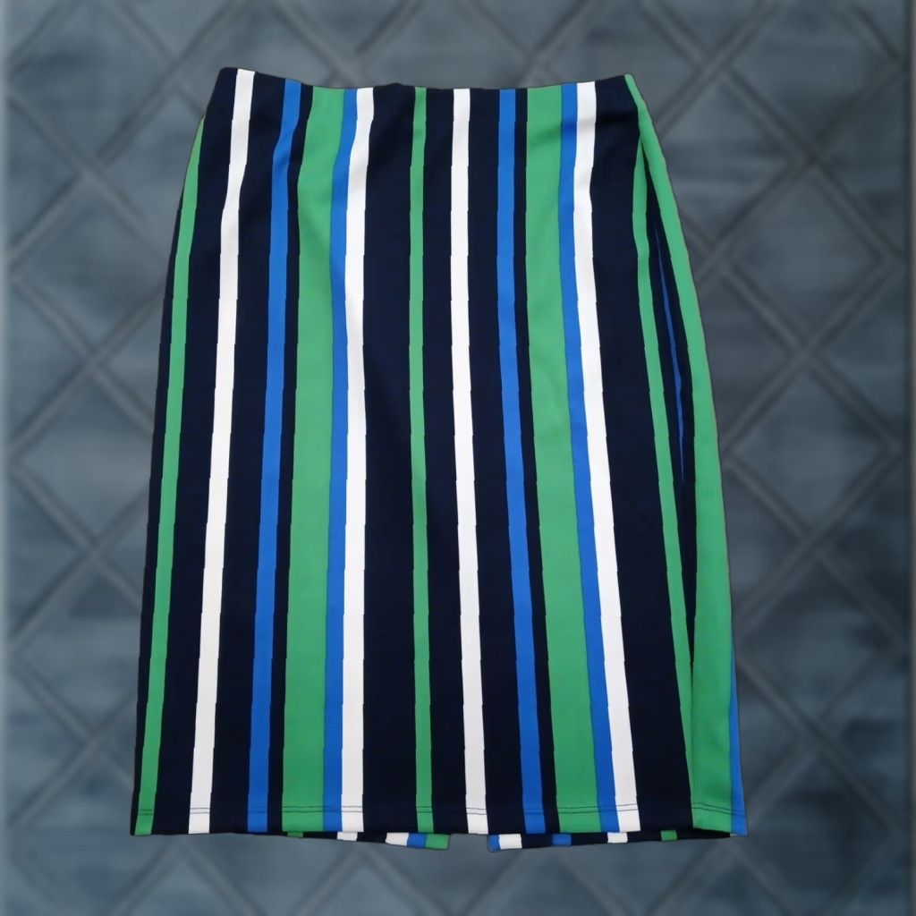 Vintage NYCC Skirt Small Blue Green Striped Knee Length Pencil Pull On Slit Size 28" / US 6 / IT 42 - 1 Thumbnail