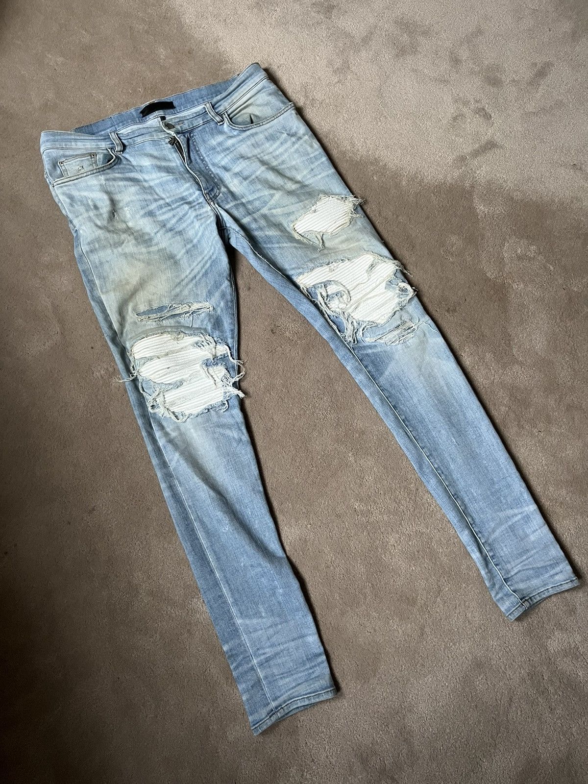 Amiri MX1 White Leather Patch Jeans