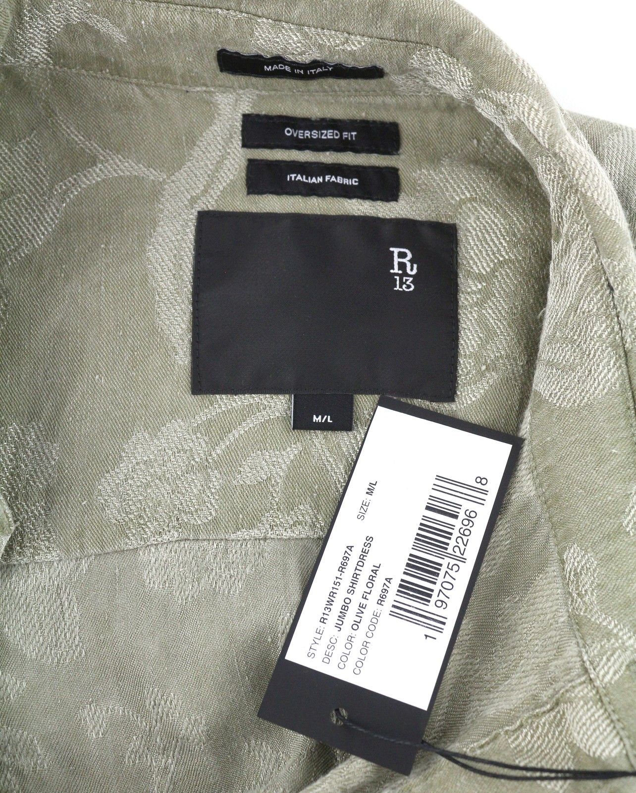 R13 JUMBO SHIRTDRESS M/L Olive Floral Linen PS26 Dress 88824 Size M / US 6-8 / IT 42-44 - 5 Thumbnail