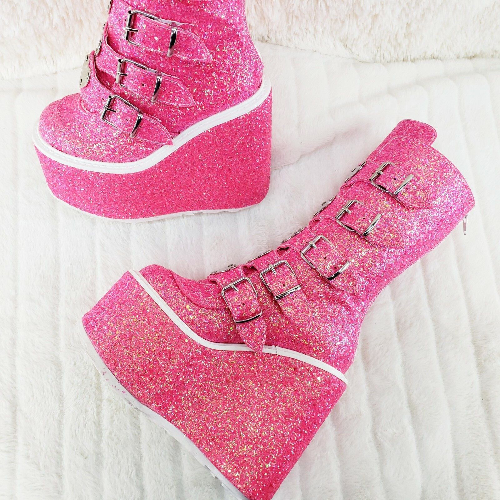 Other Swing 230G Pink Glitter Boot 5.5" Platform Heart Strap Goth Size US 7 / IT 37 - 2 Thumbnail