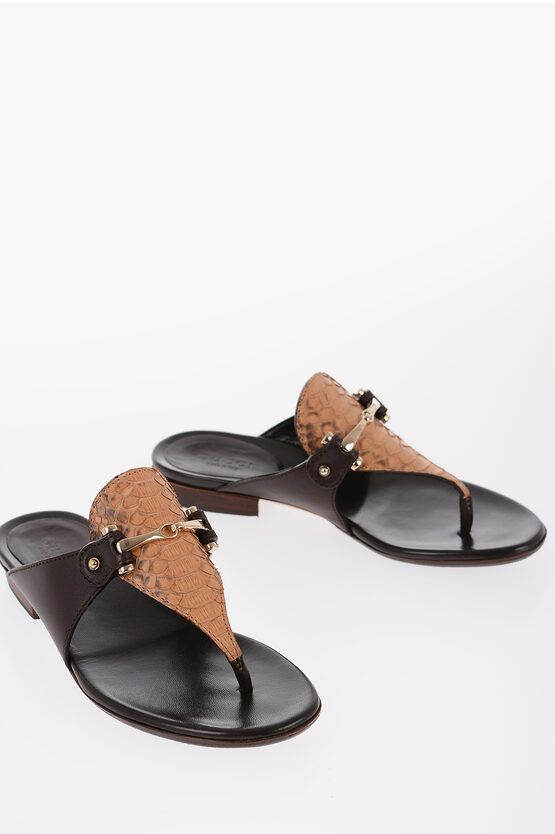 image of Gucci Python Leather Thong Flats With Buckle Embellishment in Brown, Women's (Size 4)