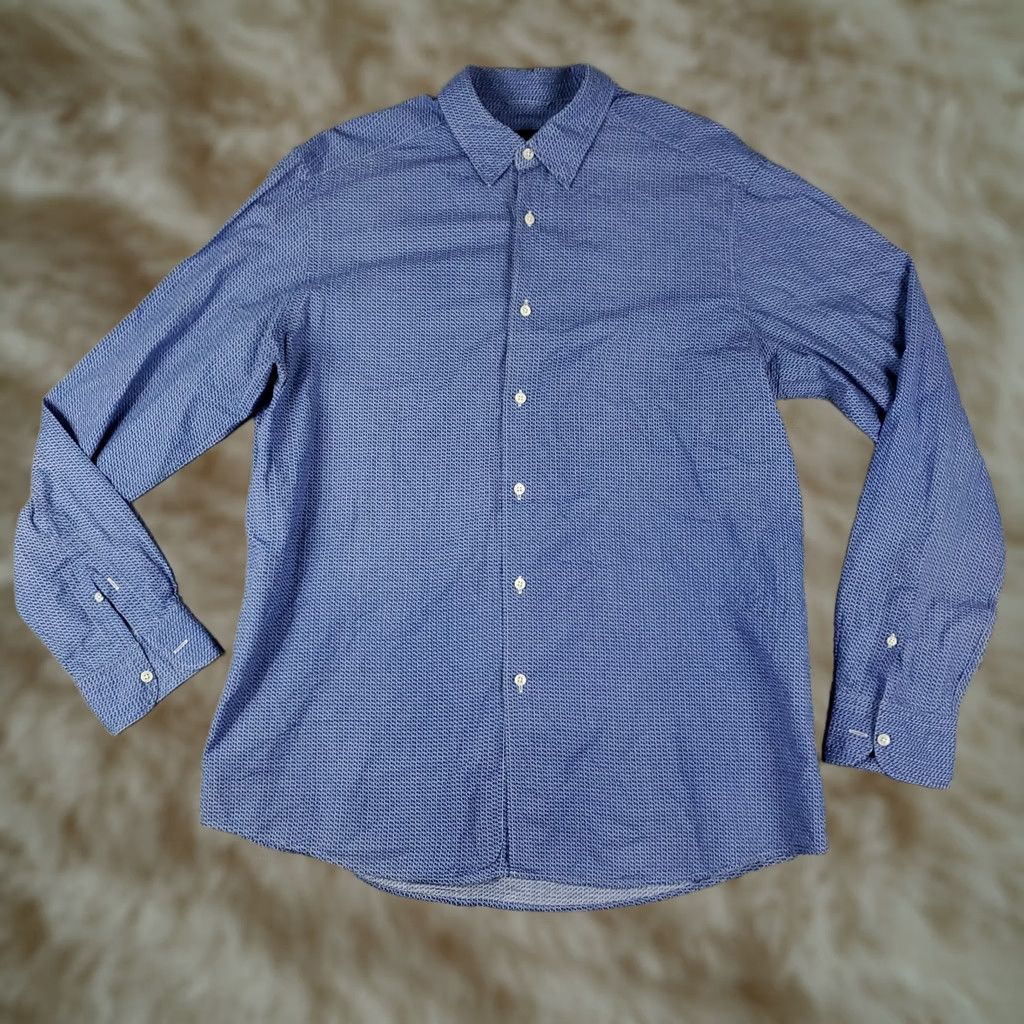 Ermenegildo Zegna Ermenegildo Zegna Shirt Mens XL Blue Geometric Button-Up Long Sleeve, Button, Logo, Cotton, Woven, Regular Fit, Collared, Classic, Designer, Men Size US XL / EU 56 / 4 - 1 Thumbnail