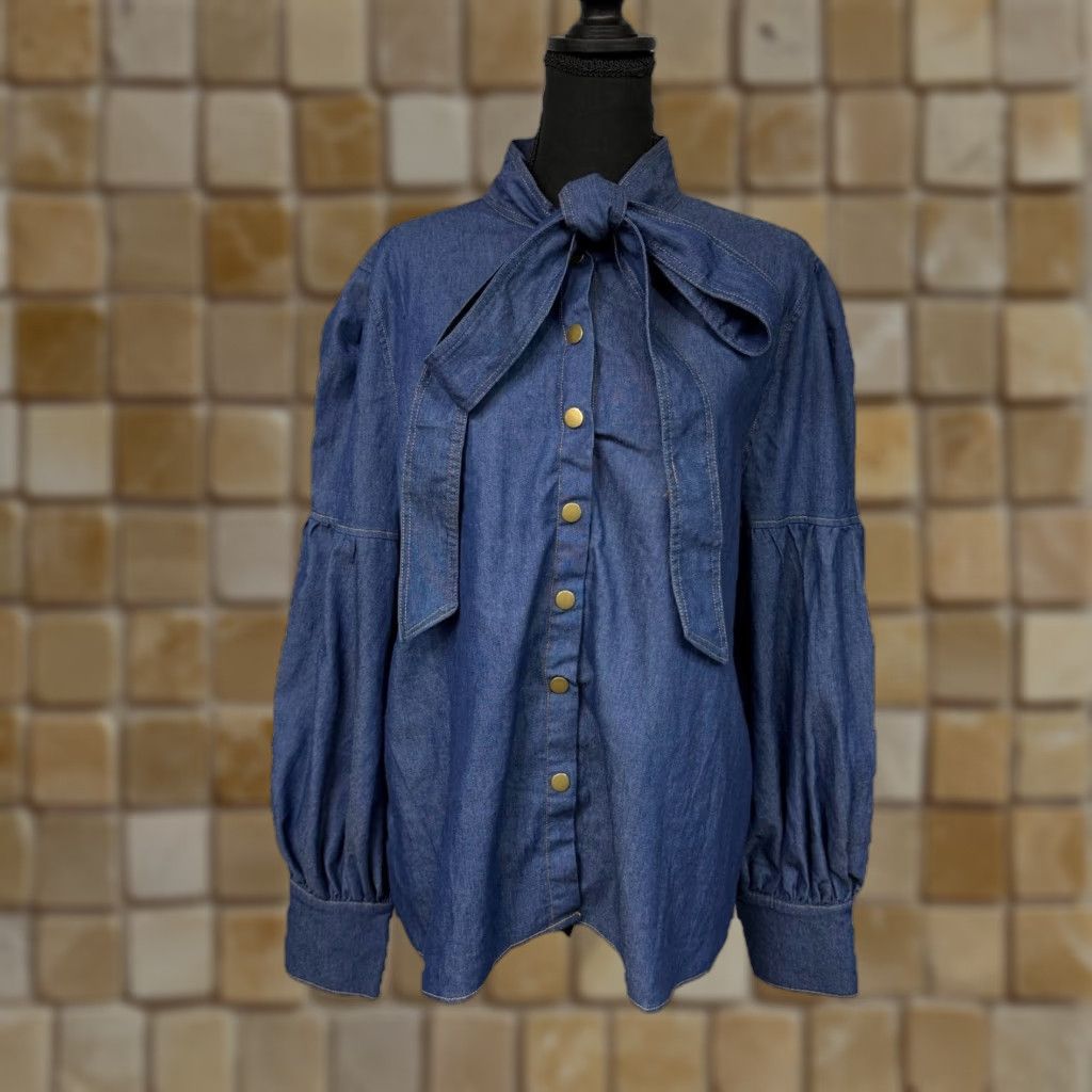 Vintage Uoozee Blouse Puff Sleeve Bow Buttoned Split-Joint High Neck Denim 100% Cotton Sz 3XL Womens Blue Size XXL / US 16-18 / IT 52-54 - 1 Thumbnail