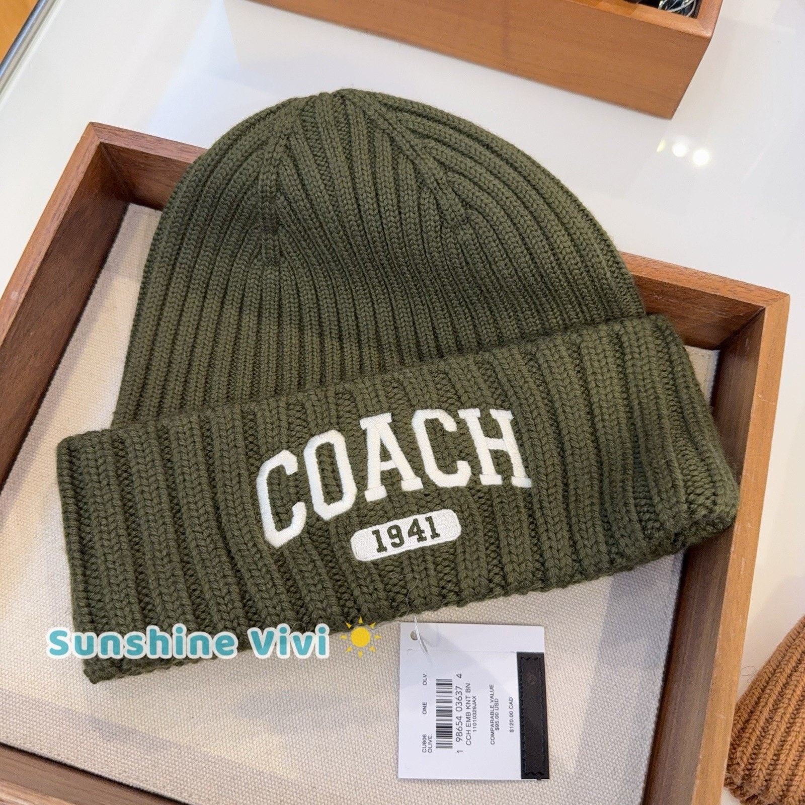 Coach NWT Coach 1941 Embroidered Knit Beanie Wool CU806 Olive Size ONE SIZE - 1 Thumbnail