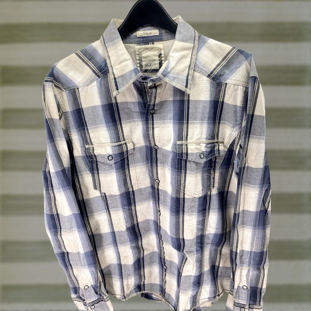 BKE VINTAGE BKE Buckle Pearl Snap Shirt Men XL Blue Plaid Long Sleeve Slim Fit Western Size US XL / EU 56 / 4 - 1 Thumbnail