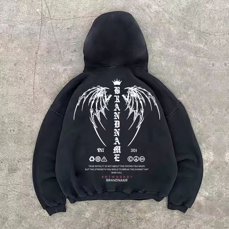 Japanese Brand × Vintage Black washed retro devil wings print loose hoodie Size US L / EU 52-54 / 3 - 1 Thumbnail
