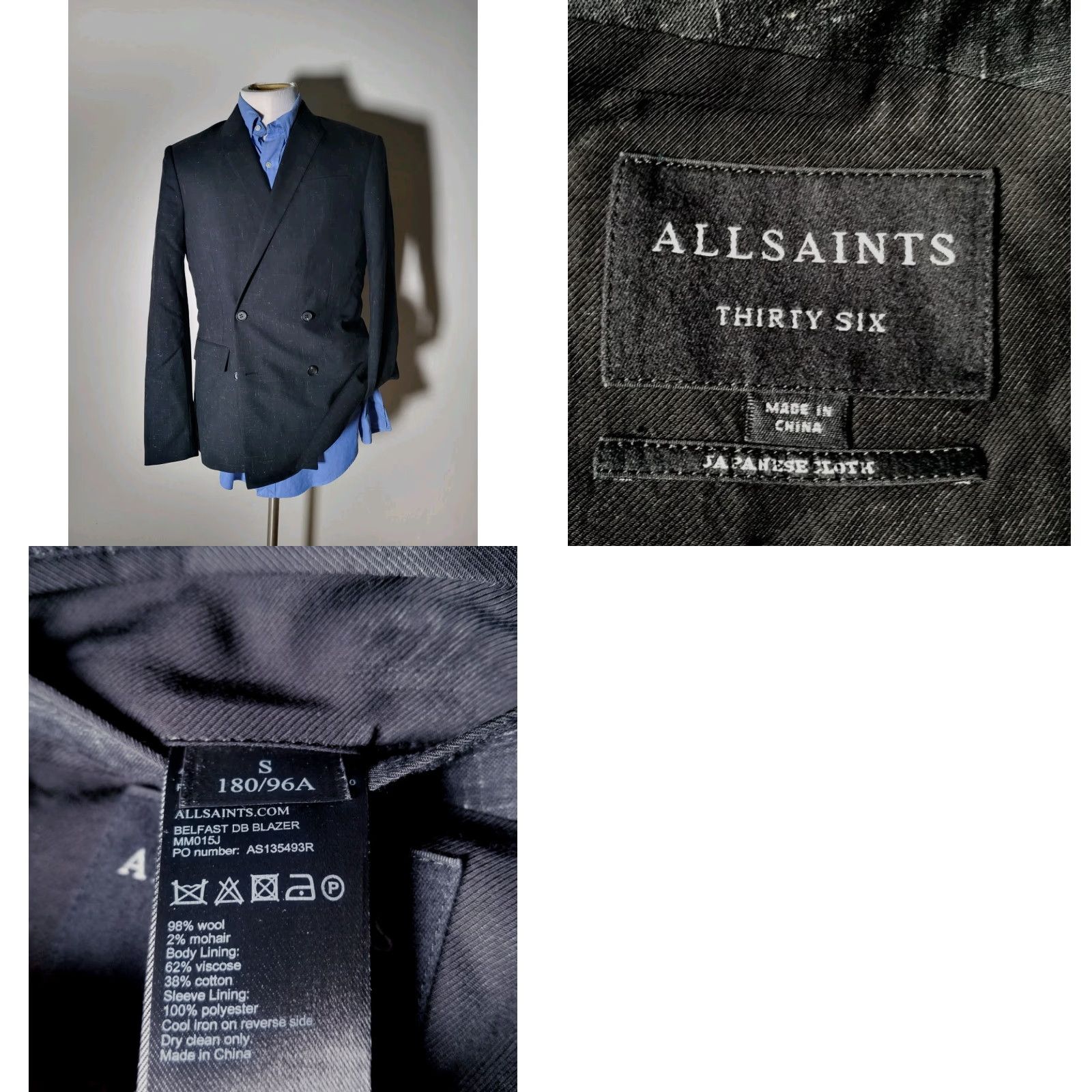 AllSaints 36R Double Breasted Blazer Jacket Coat Men Slim Wool Mohair Black Fleck Slub Peak Lapel Four-Button 360