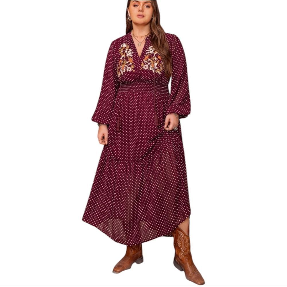Other RusttyDustty Polka-Dot Floral Embroidered Modern Boho Tie Ne Size 4XL / US 24-26 - 2 Thumbnail
