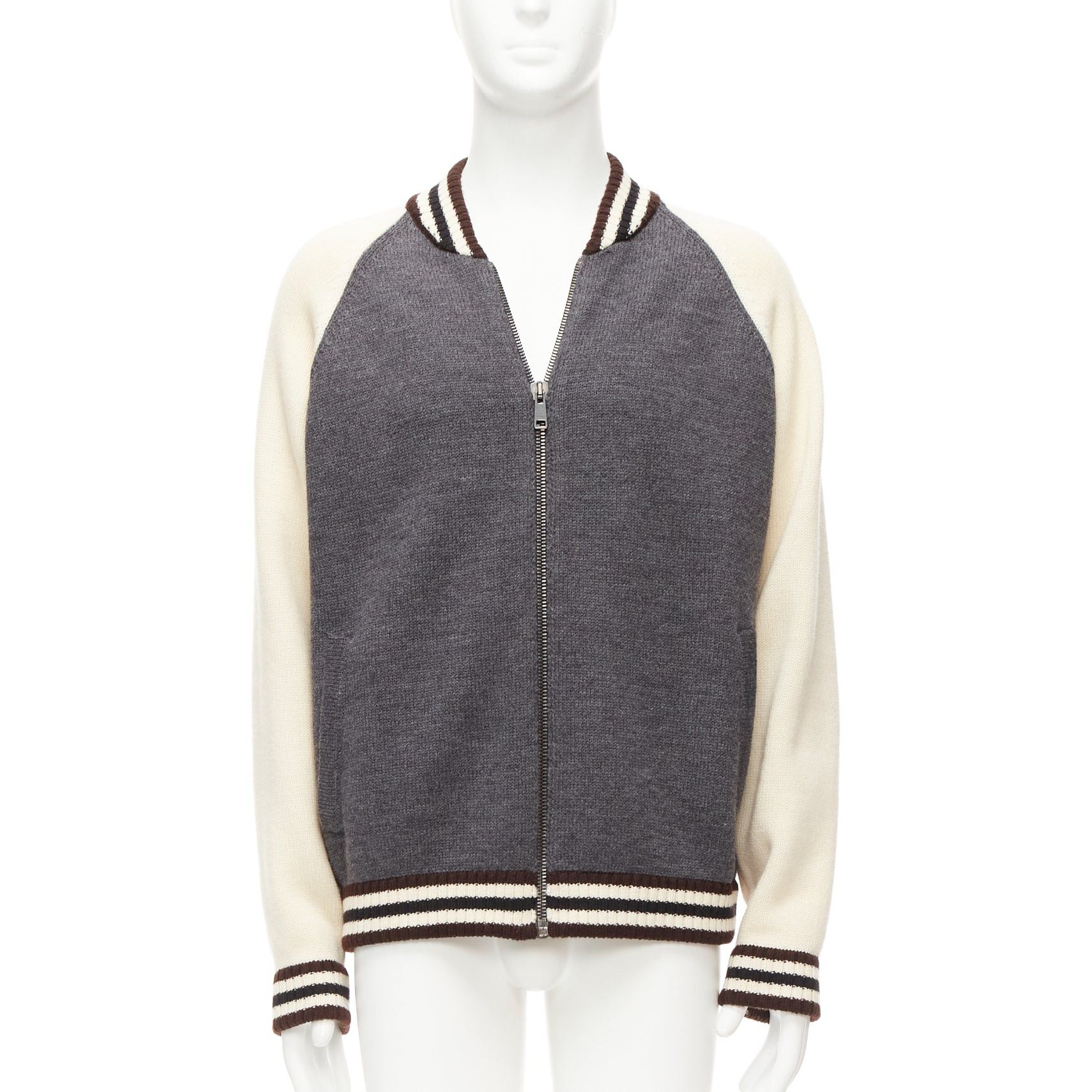 image of Prada 2014 100% Wool Knit Cream Grey Raglan Varsity Bomber Jacket It50 L, Men's (Size Large)
