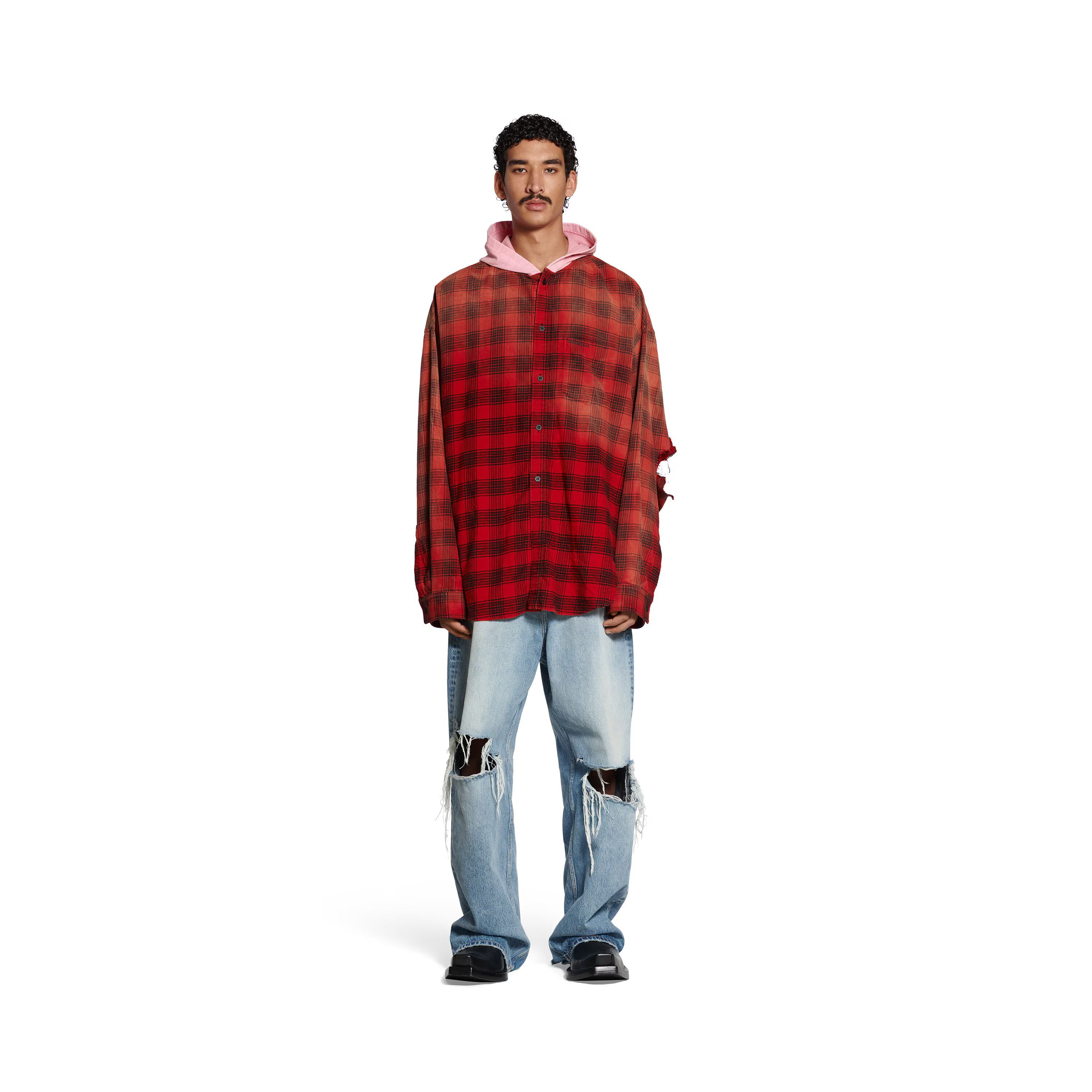 Balenciaga o1bcso1str1124 Hooded Shirt Oversized in Red/Black Size US M / EU 48-50 / 2 - 2 Thumbnail