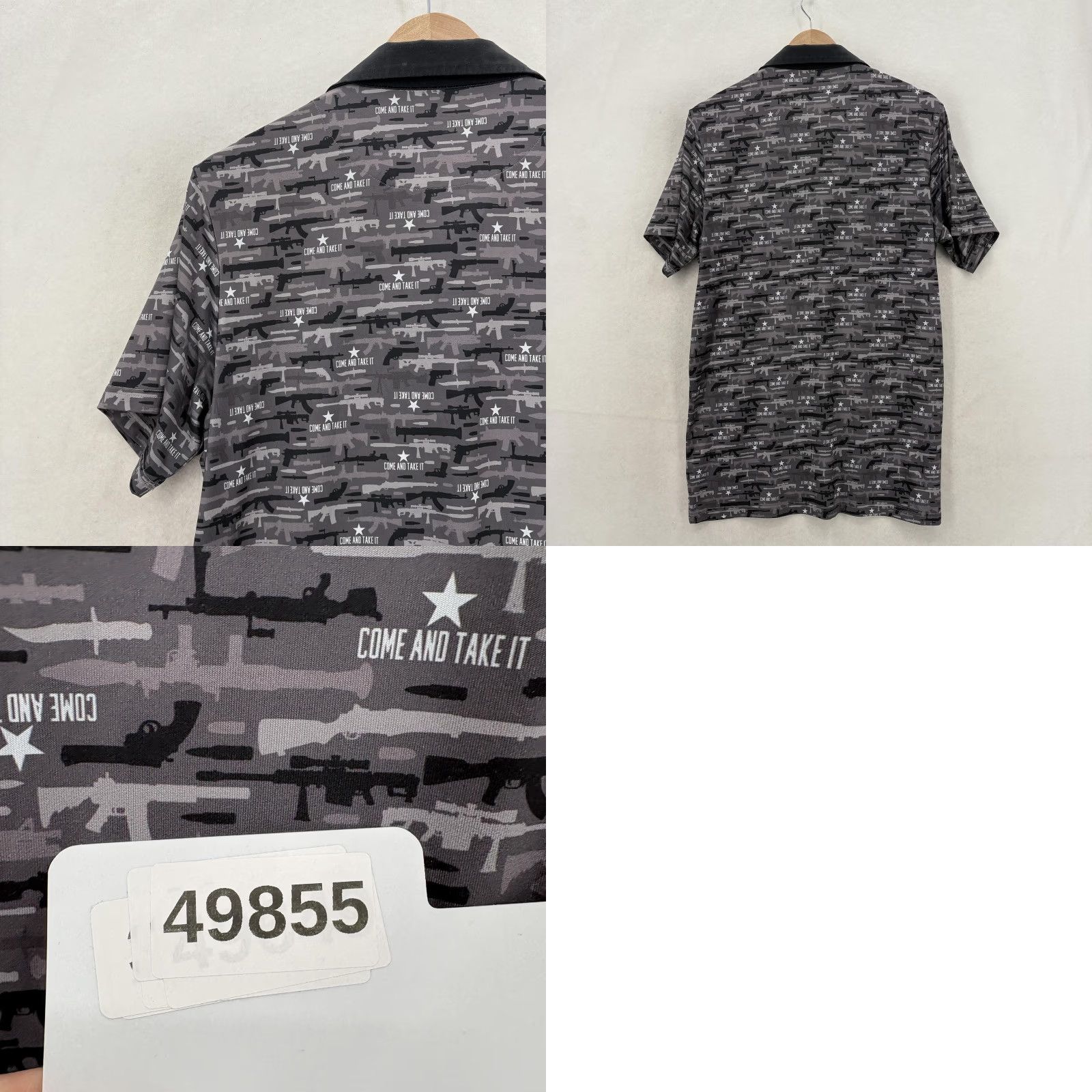 Vintage Pins & Aces Golf Polo Shirt Mens M Gray Graphic Print Come And Take It Gun Print Shirt Size US M / EU 48-50 / 2 - 8 Thumbnail