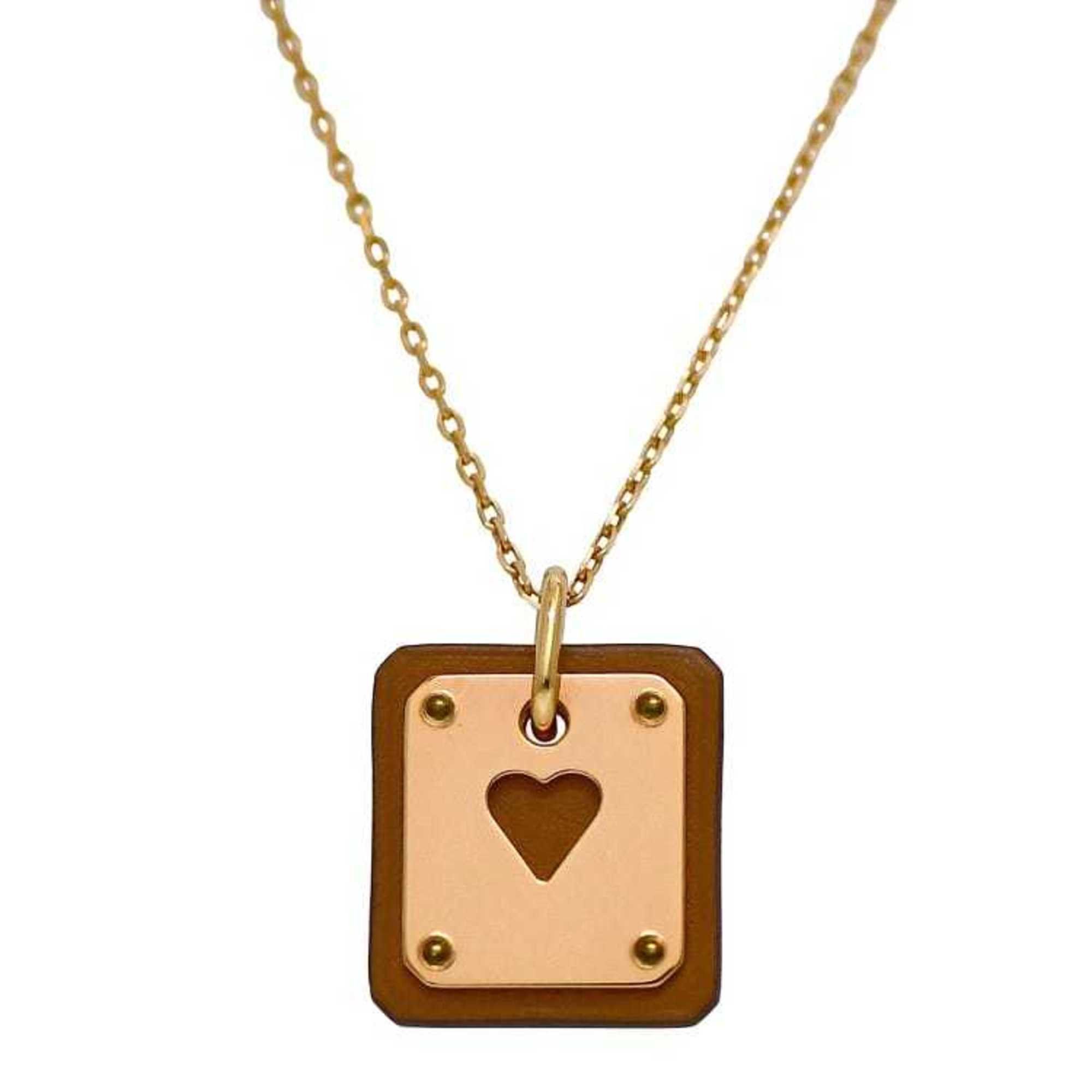 Hermes Hermes Necklace As Doucour PM f-22434 Pink Gold Brown Ace of Hearts Heart GP Leather Swift Y Stamp HERMES Pendant Square PG Size ONE SIZE - 1 Thumbnail