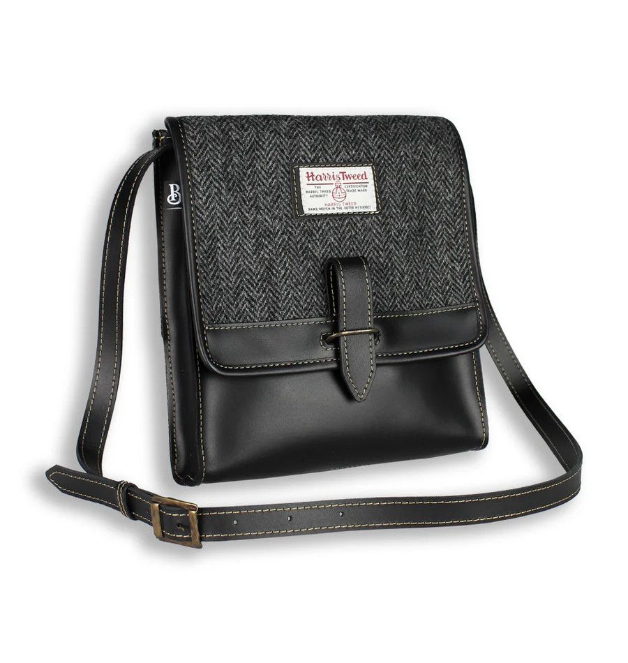 Harris Tweed x Leather Cumbrae Charcoal Herringbone Messenger Bag Satchel Shoulder, Men's