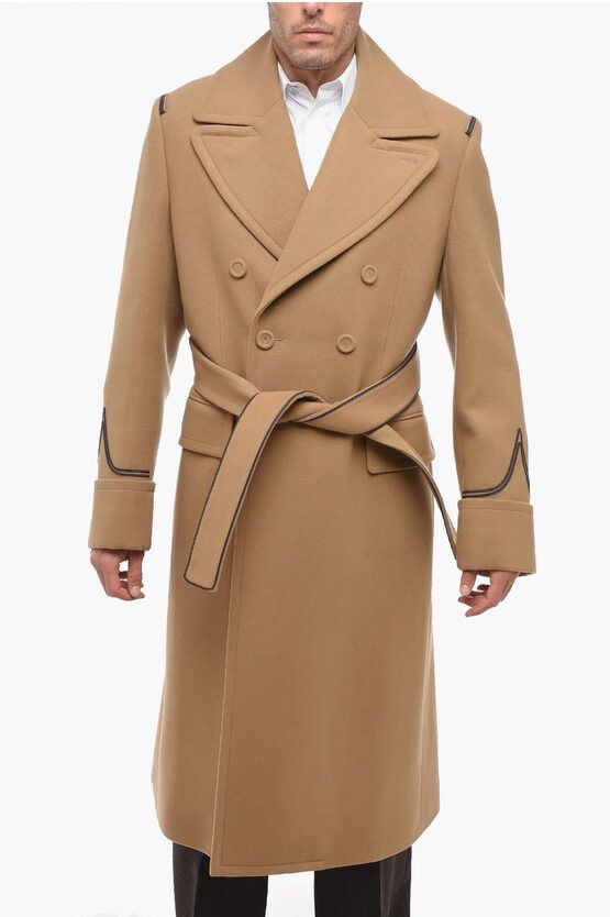 image of Peter Doig X Dior Double-Breasted Virgin Wool Coat With Leat in Beige, Men's (Size Medium)