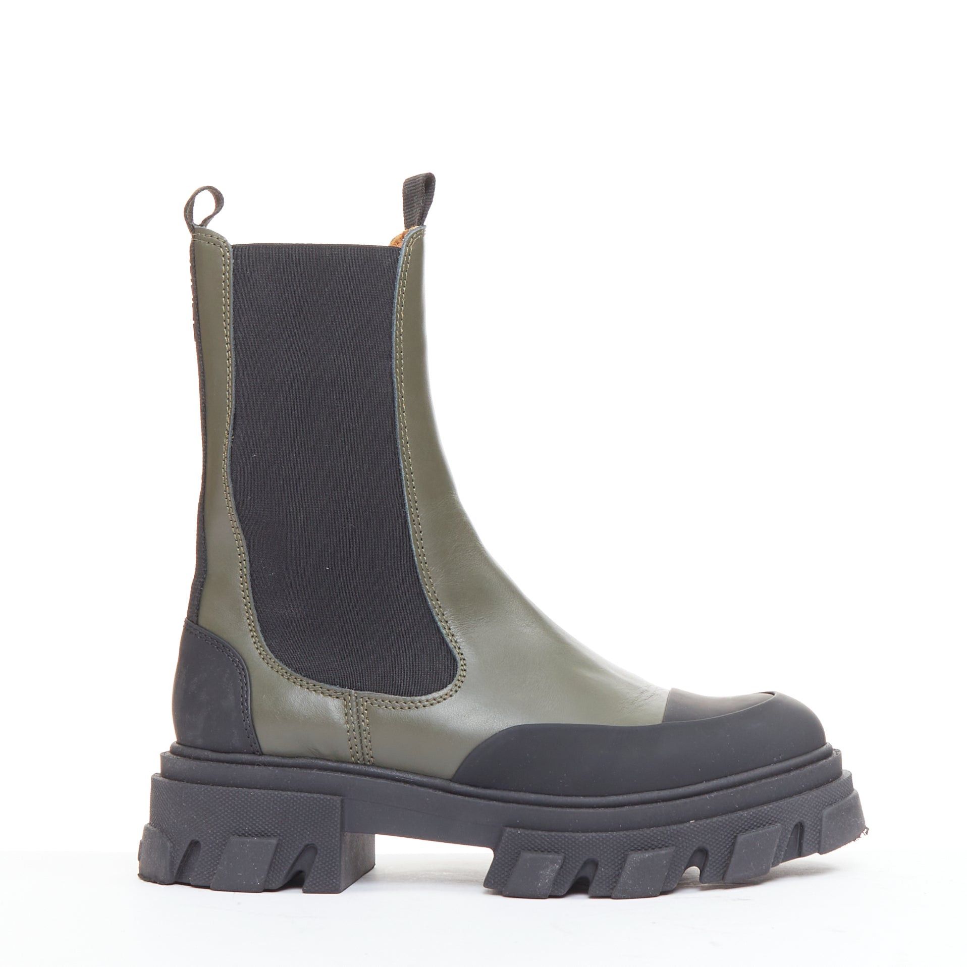 Ganni GANNI Kalamata army green leather black rubber elastic gusset tall chelsea boots EU39 Size US 9 / IT 39 - 1 Thumbnail