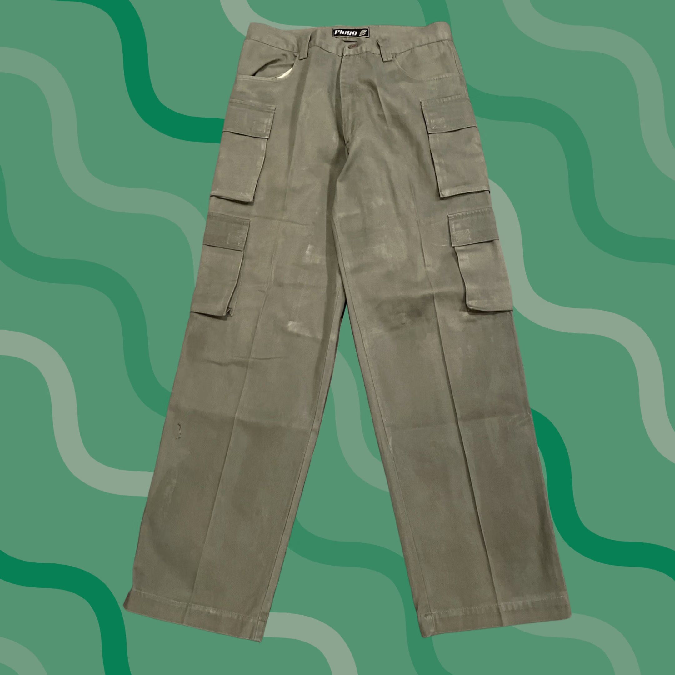 Olive VINTAGE Plugg Cargo Pants 36x34 Olive Green Grunge Wide-Leg Men Adult Regular 34 Inseam 36 Flex Style 90s 2000s Skater Size US 36 / EU 52 - 1 Thumbnail