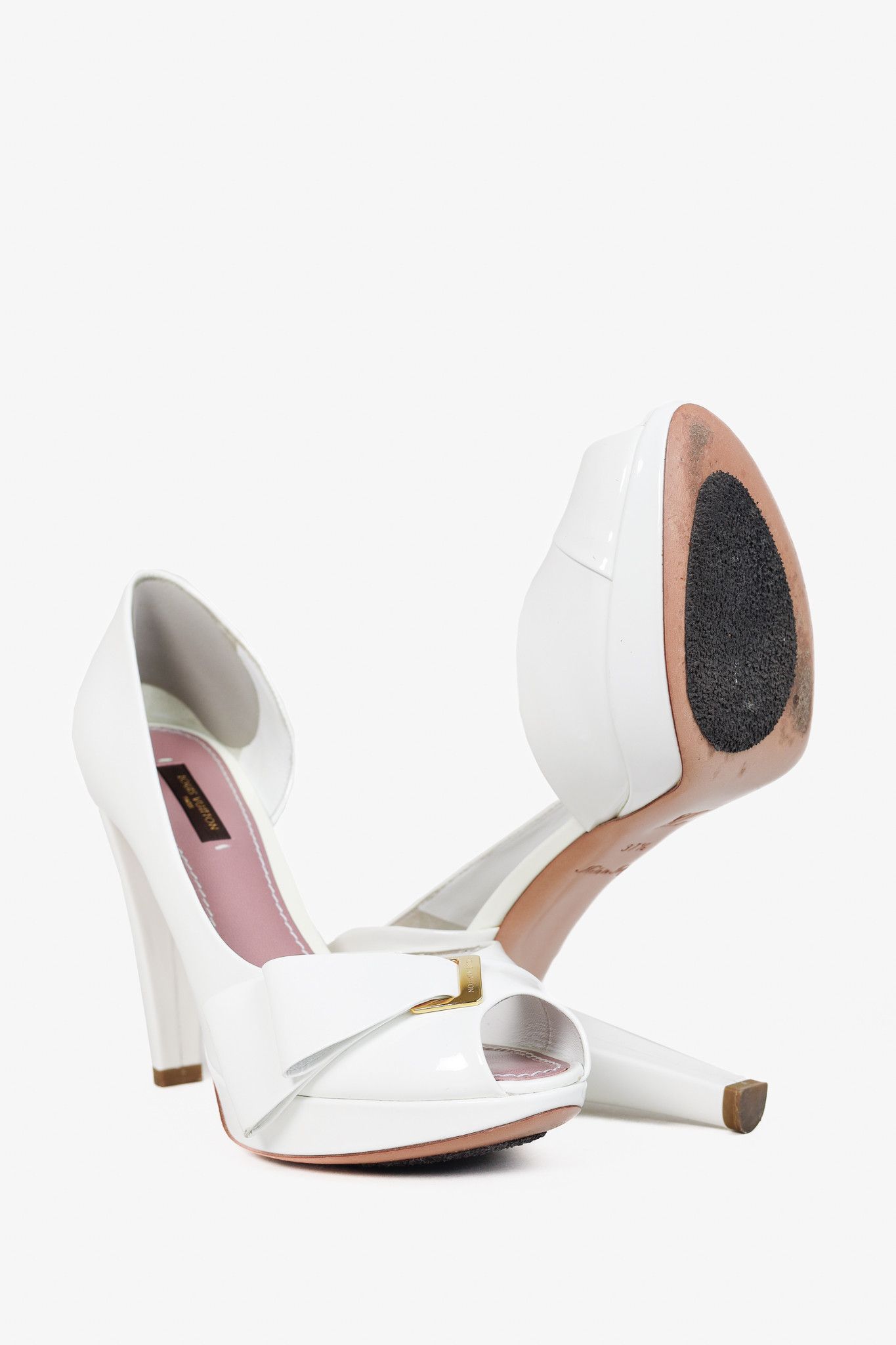 Louis Vuitton Louis Vuitton Apple White Patent Buckle-Bow Peep-Toe Pumps Size US 7 / IT 37 - 4 Thumbnail