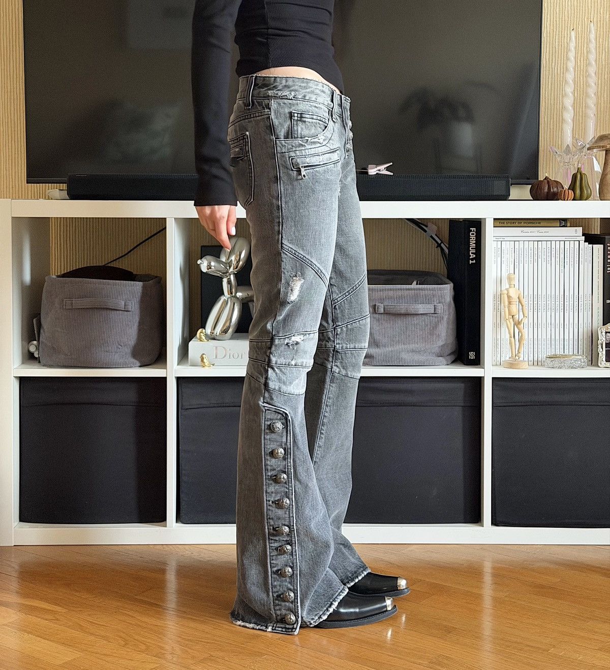 BALMAIN Decarnin FW2010 Flared Biker Button Distressed Jeans