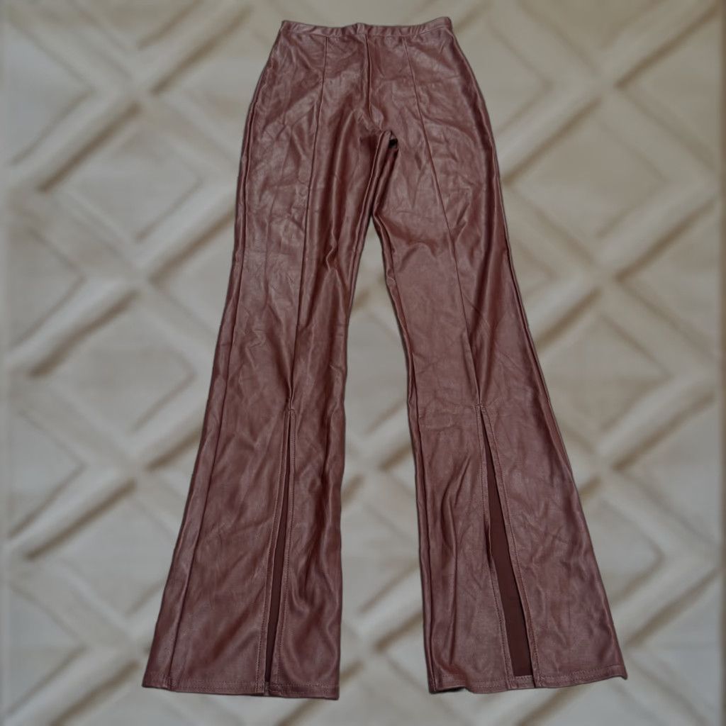 PrettyLittleThing PrettyLittleThing Choclate Faux Leather Flare Pants Womens 4 High Rise Split Hem Brown Size 27" / US 4 / IT 40 - 1 Thumbnail