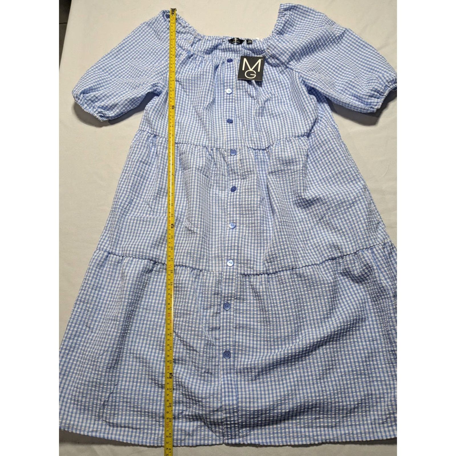 Vintage MLLE GABRIELLE Blue White Gingham Dress - Women Medium Pullover NEW Midi Sundress Short Puff Sleeve Scoop Neck Womens Size M / US 6-8 / IT 42-44 - 6 Thumbnail