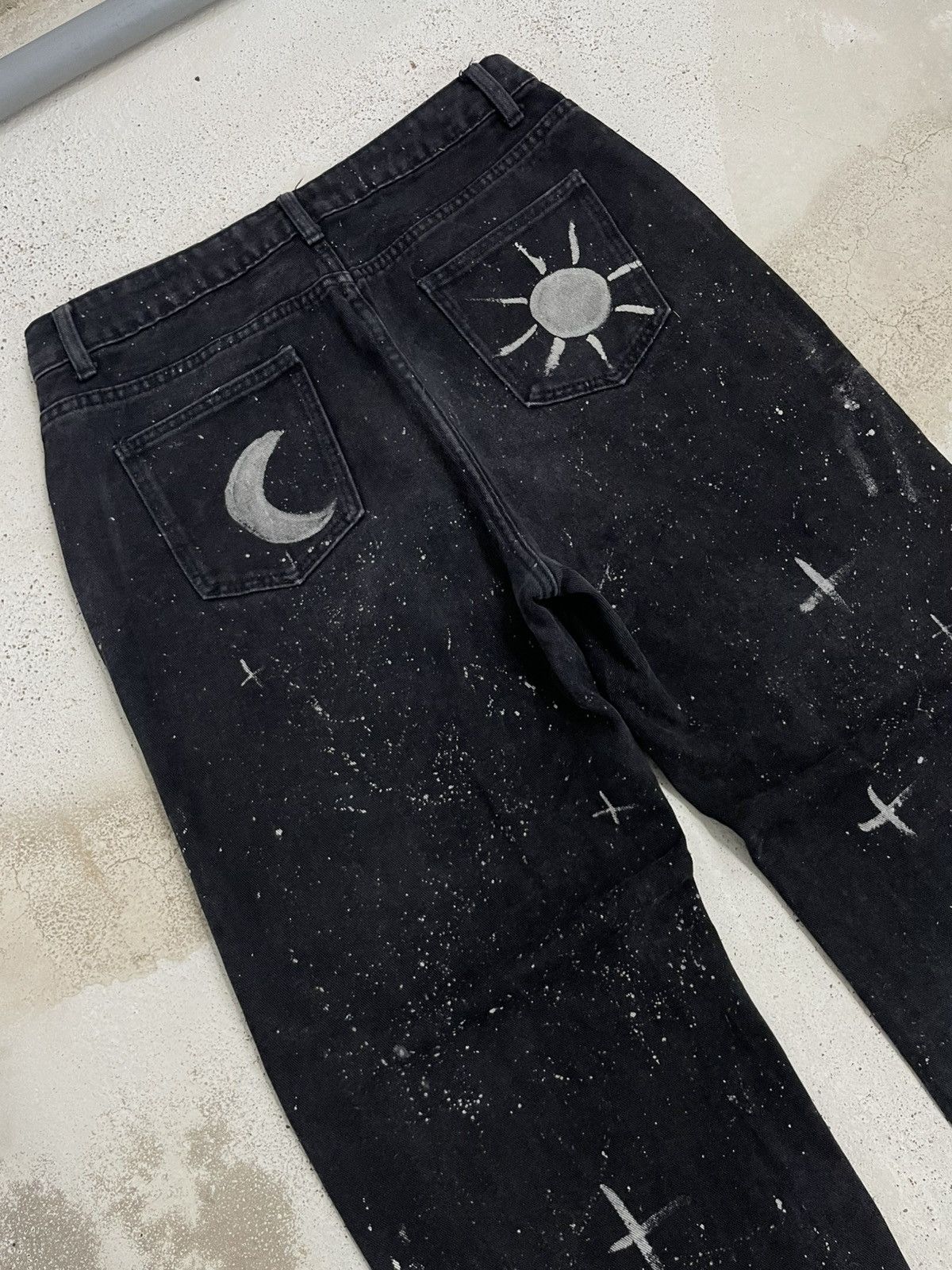 Japanese Brand Wide Distressed Denim Y2K Star Moon Painting Custom Paint Size US 31 - 14 Thumbnail