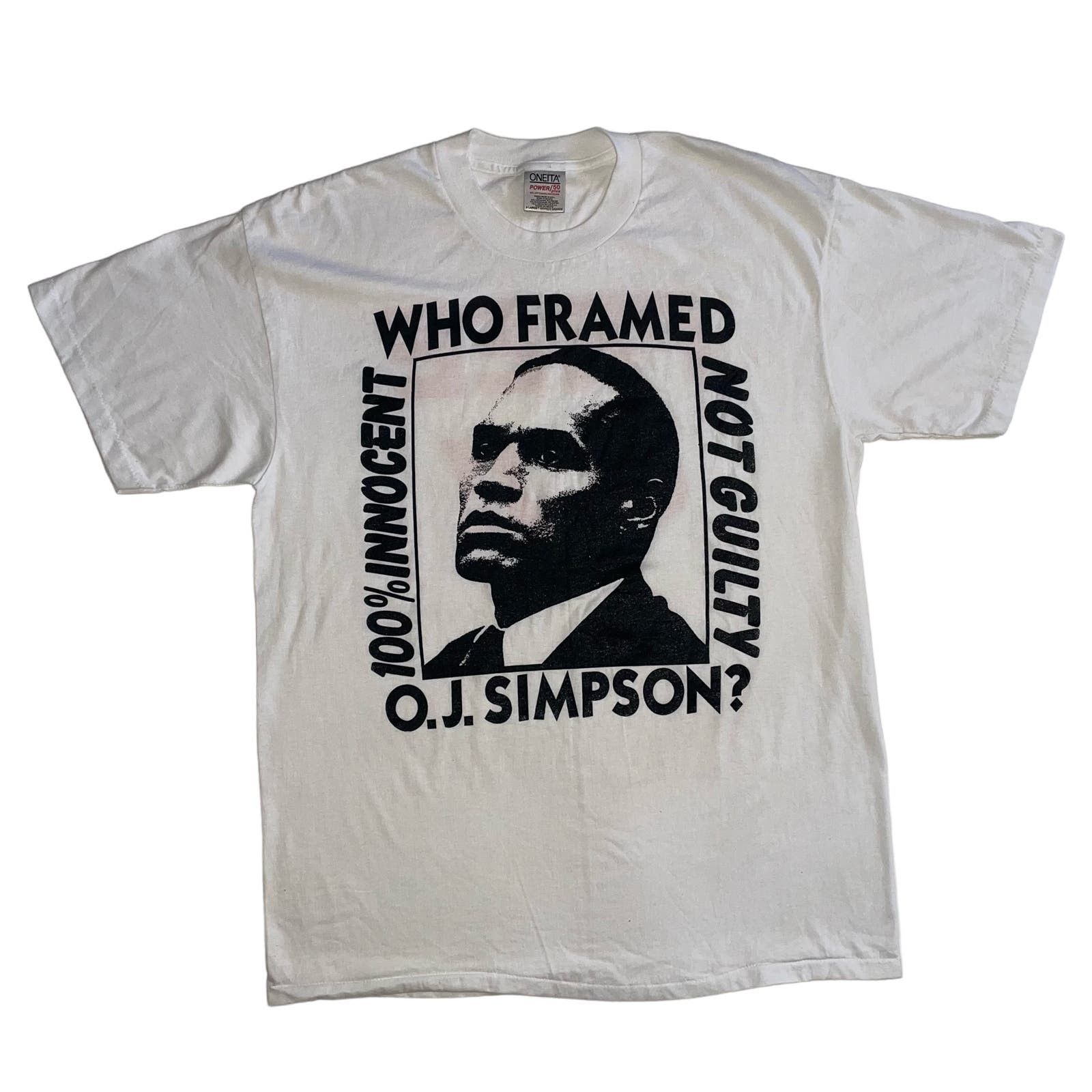 image of Vintage 90's Who Framed Oj Simpson 100% Not Guilty Oneita T-Shirt in White, Men's (Size XL)